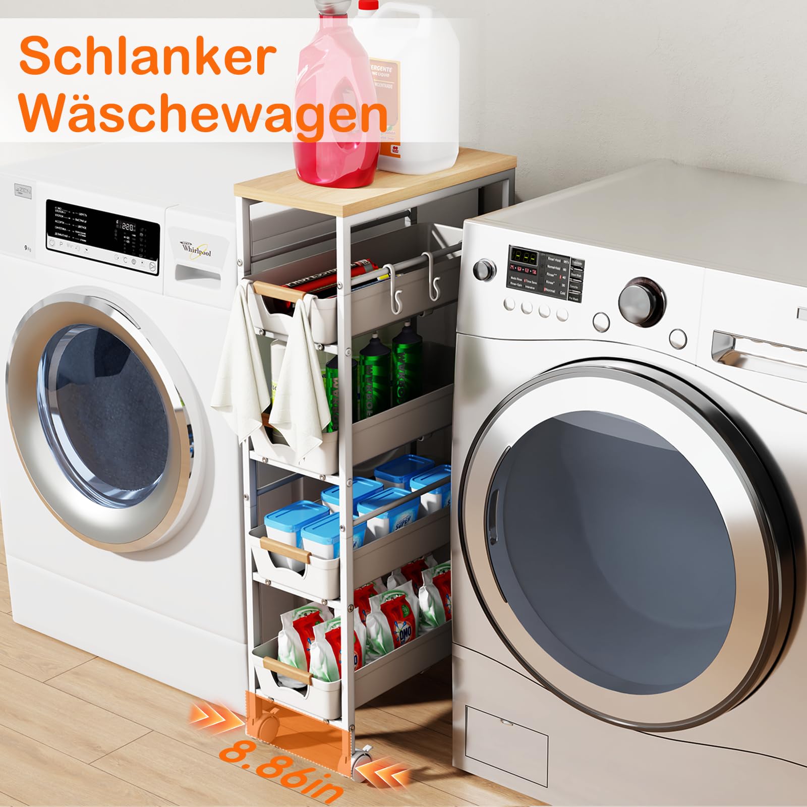 5-étagiger Schmaler Aufbewahrungswagen mit Holzplatte, Rollender Küchenwagen mit Ausziehkörben & Rädern, Schmaler Organizer Schubladenwagen mit Auszug für Küche, Bad, Waschküche, Weiß