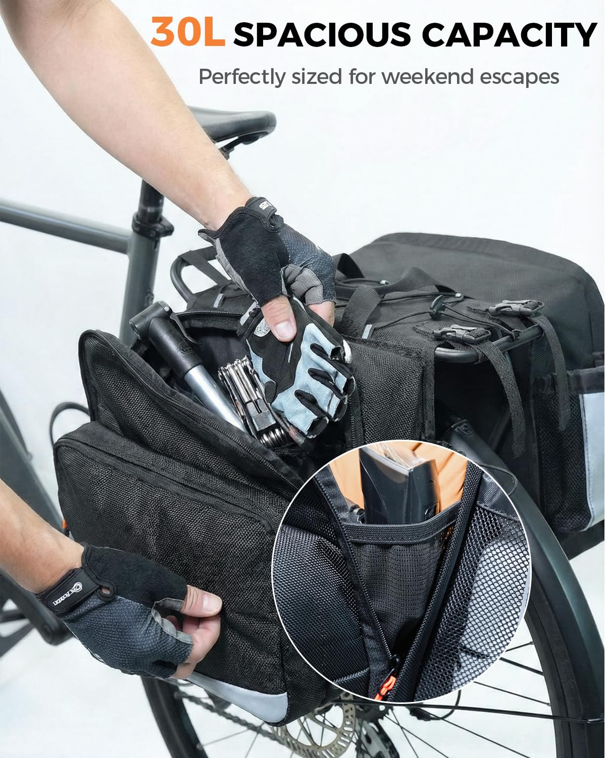 Sacoches de vélo de 30 L, résistant à l'eau pour porte-bagages arrière avec rabat à fermeture éclair, sacs de vélo de grande capacité avec porte-bouteilles, sacoche réfléchissante pour vélo