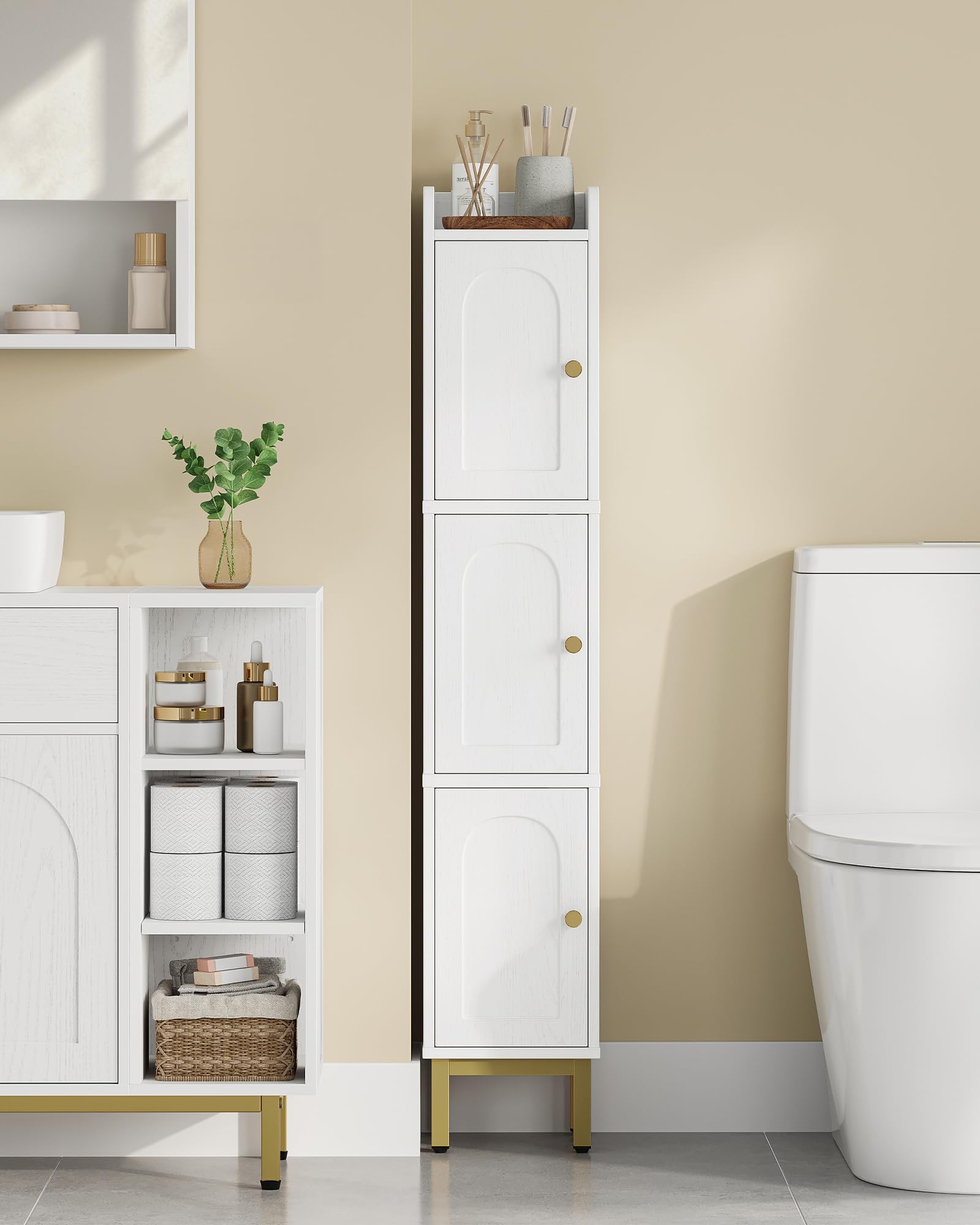 Hzuaneri Mueble de Baño, Armario de Almacenamiento Estrecho para Baño, 3 Puertas, 4 Patas Ajustables, para Lavadero, Cocina y Sala de Estar, 20 x 20 x 108,5 cm, Blanco BC22313G | Armario esquinero con patas ajustables, para cuarto de baño, cocina, 20 x 20