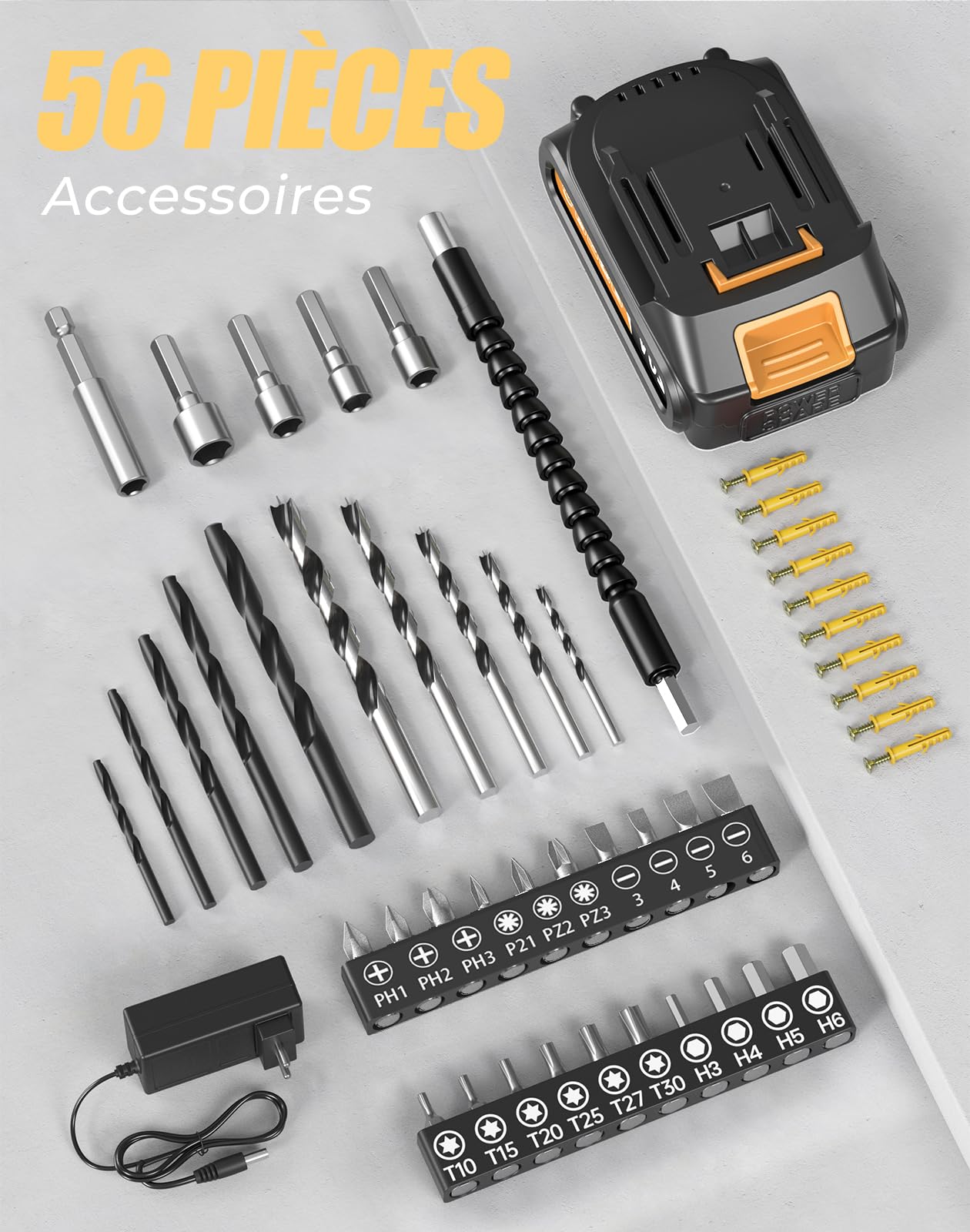 Perceuse Visseuse Sans Fil, 20V Visseuse Devisseuse Sans Fil, 25+1 Réglages de Couple, Perceuse-visseuse Max 42Nm Visseuse, LED, jeu de 56 Accessoires pour l'Entretien et le Bricolage, Gris