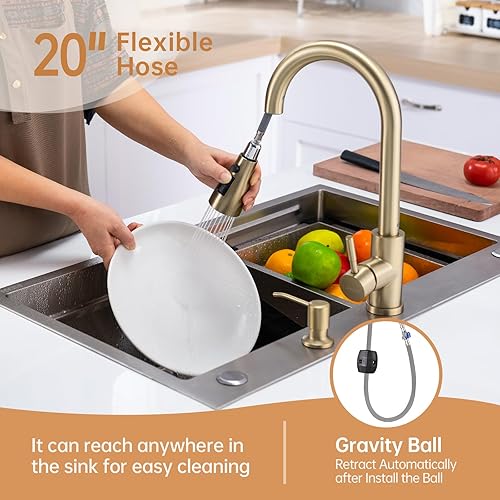 Miniatura 2 de APPASO Grifo de cocina dorado con dispensador de jabón, grifo de cocina dorado cepillado de 2 agujeros con rociador extraíble, 3 modos, grifo de