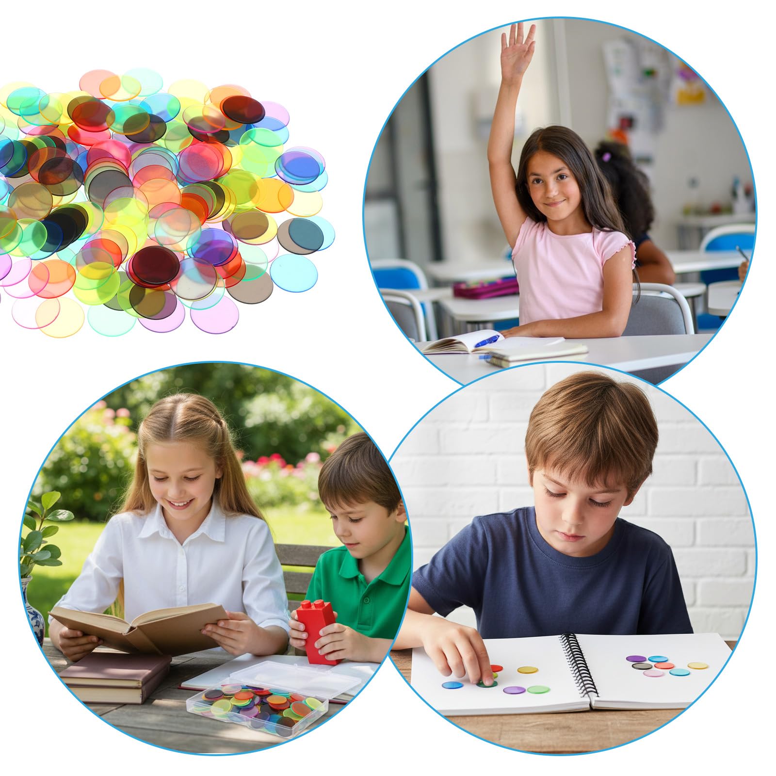 Apausvcm 200 sztuk żetonów Bingo, przezroczyste, plastikowe żetony, kolorowe żetony do liczenia, żetony do nauki, plastikowe żetony do gry w matematyczne bingo, ćwiczenia matematyczne, liczba żetonów