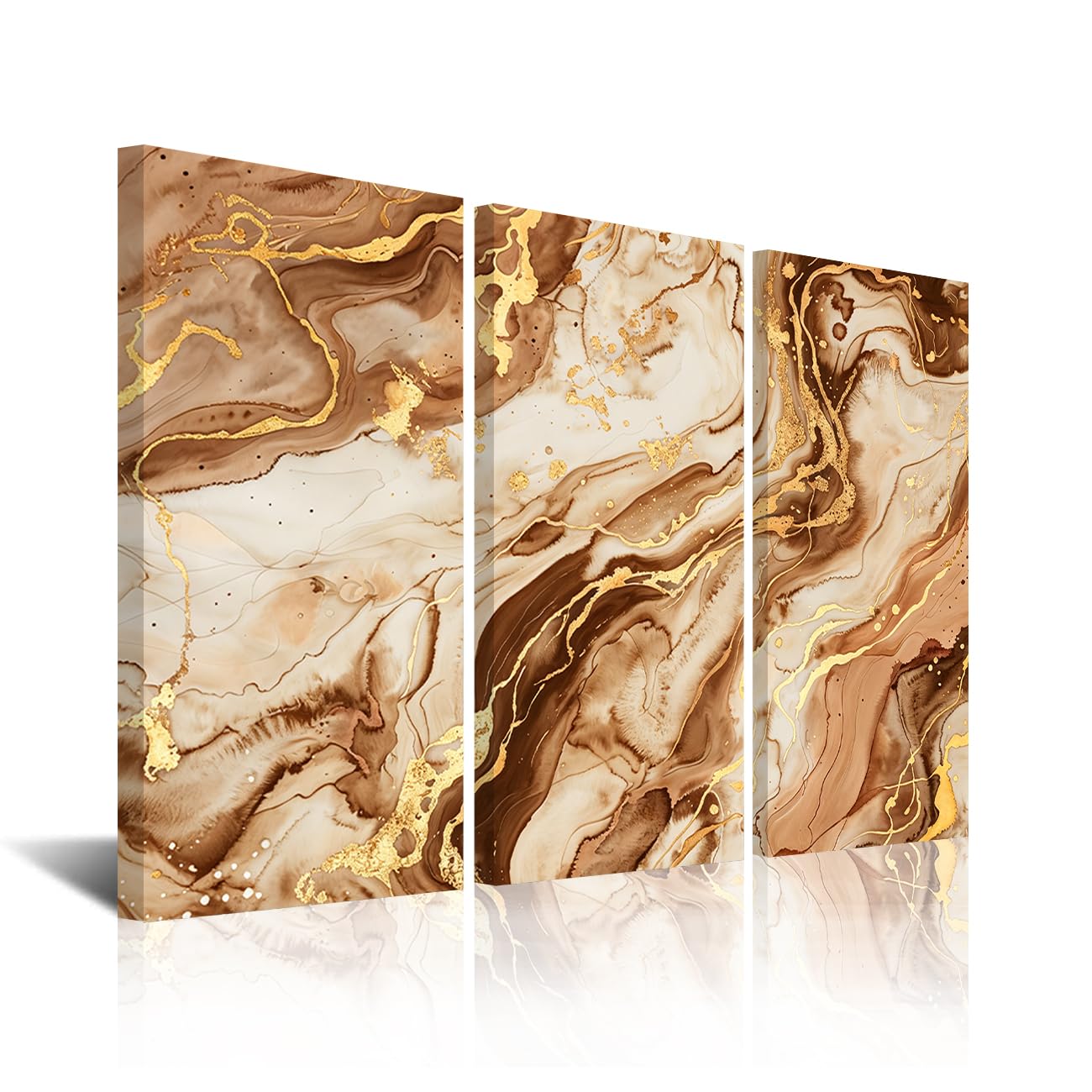 CXHOSTENT Braun und Gold Leinwand Bilder 3 Panel Abstraktes Marmor Gemälde Große Bilder Drucke Luxus Dekor für Wohnzimmer Flur Büro Gerahmt(Braun, 20.00 x 40.00 cms x 3PCS)
