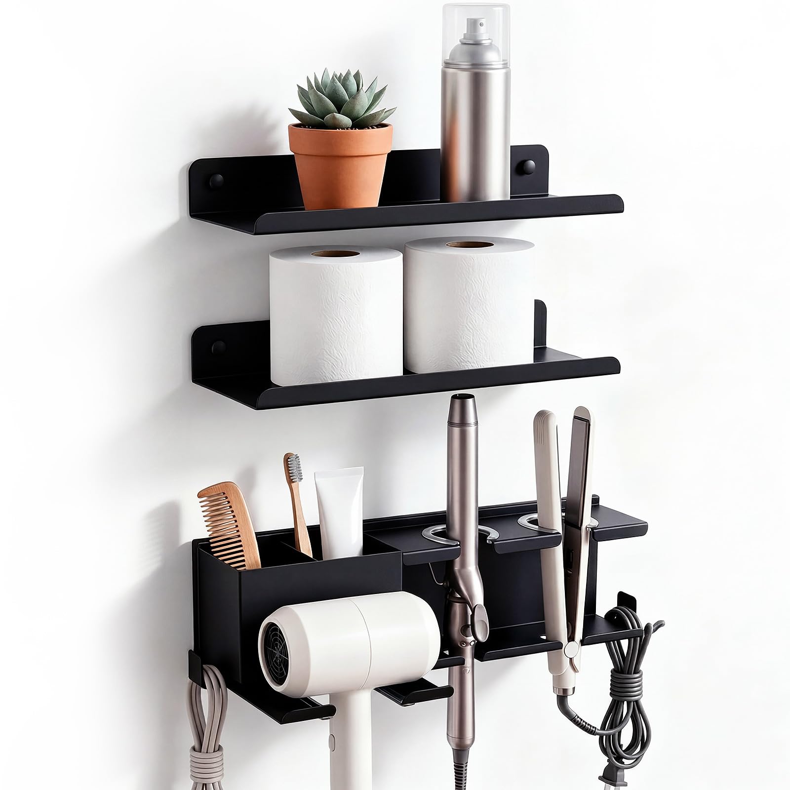 Soporte para secador de pelo con 2 estantes flotantes y organizador de metal