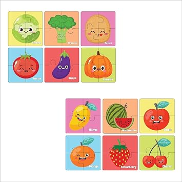Set of 2 Wooden Jigsaw Puzzles for Toddlers – Fruits & Vegetables | Montessori Educational Puzzle Toys for Kids 1-4 Years | Durable Preschool Learning Board