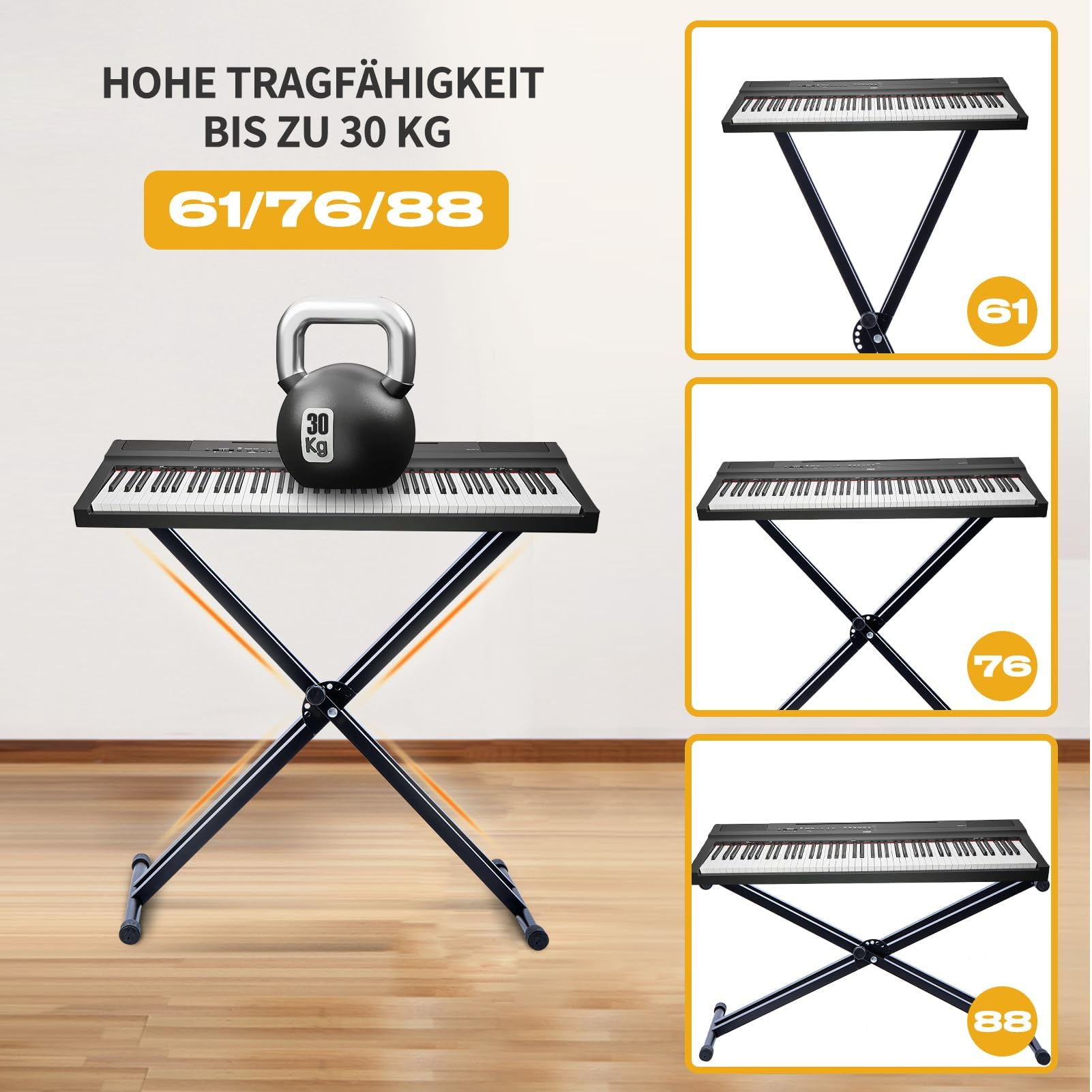 Supporto Tastiera 88 Tasti Doppia X 30KG, Stand Pianoforte Digitale Regolabile 49-97cm, Cavalletto Tastiera Universale 61/76/88 Tasti, Pieghevole in Acciaio Antiscivolo