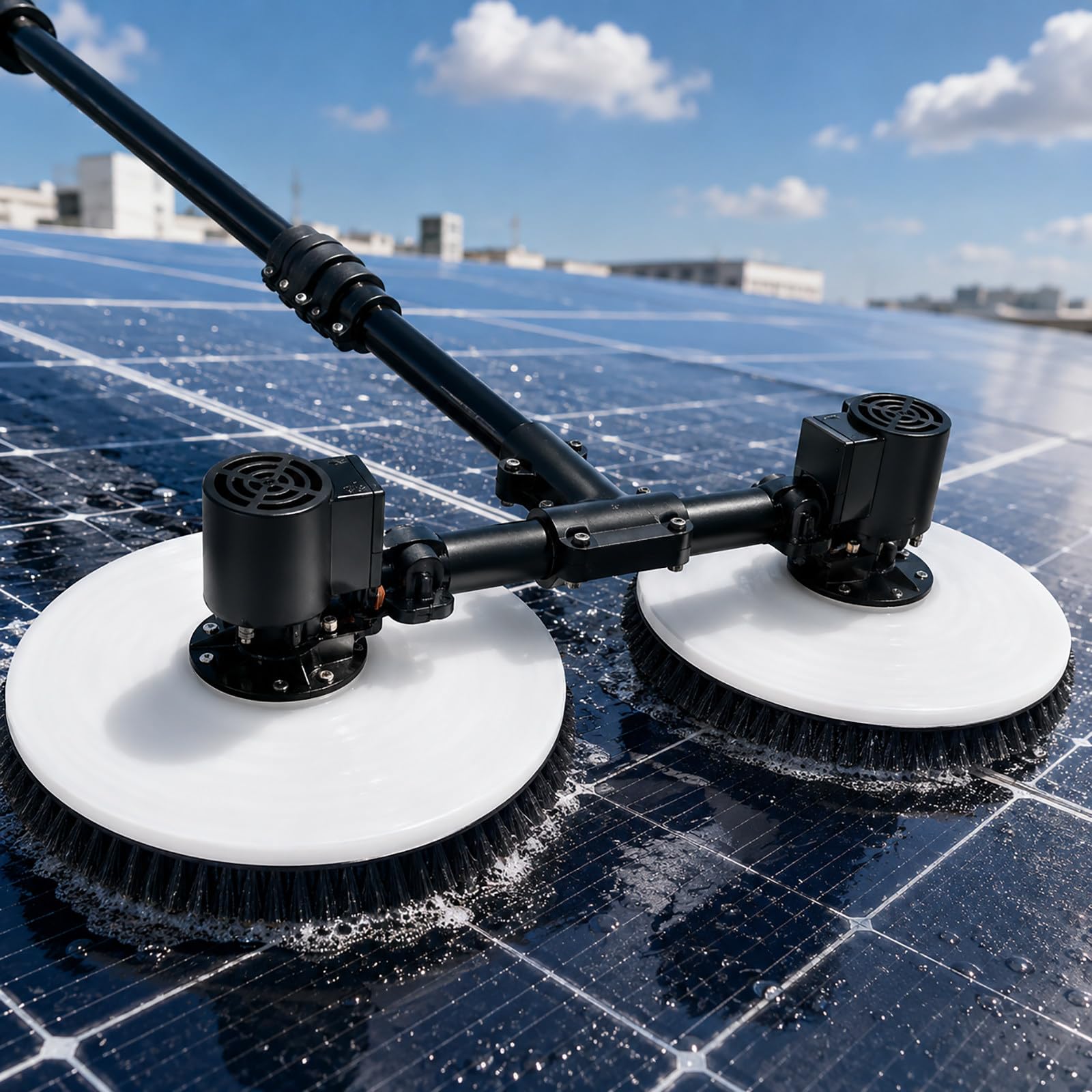 vnmudzeo Commercial Solar Panel Cleaning Equipment – Dual Head Electric PV Panel Brush with 65cm Cleaning Width, Nylon Bristles and Long Reach Pole 3.5m(11.5ft)