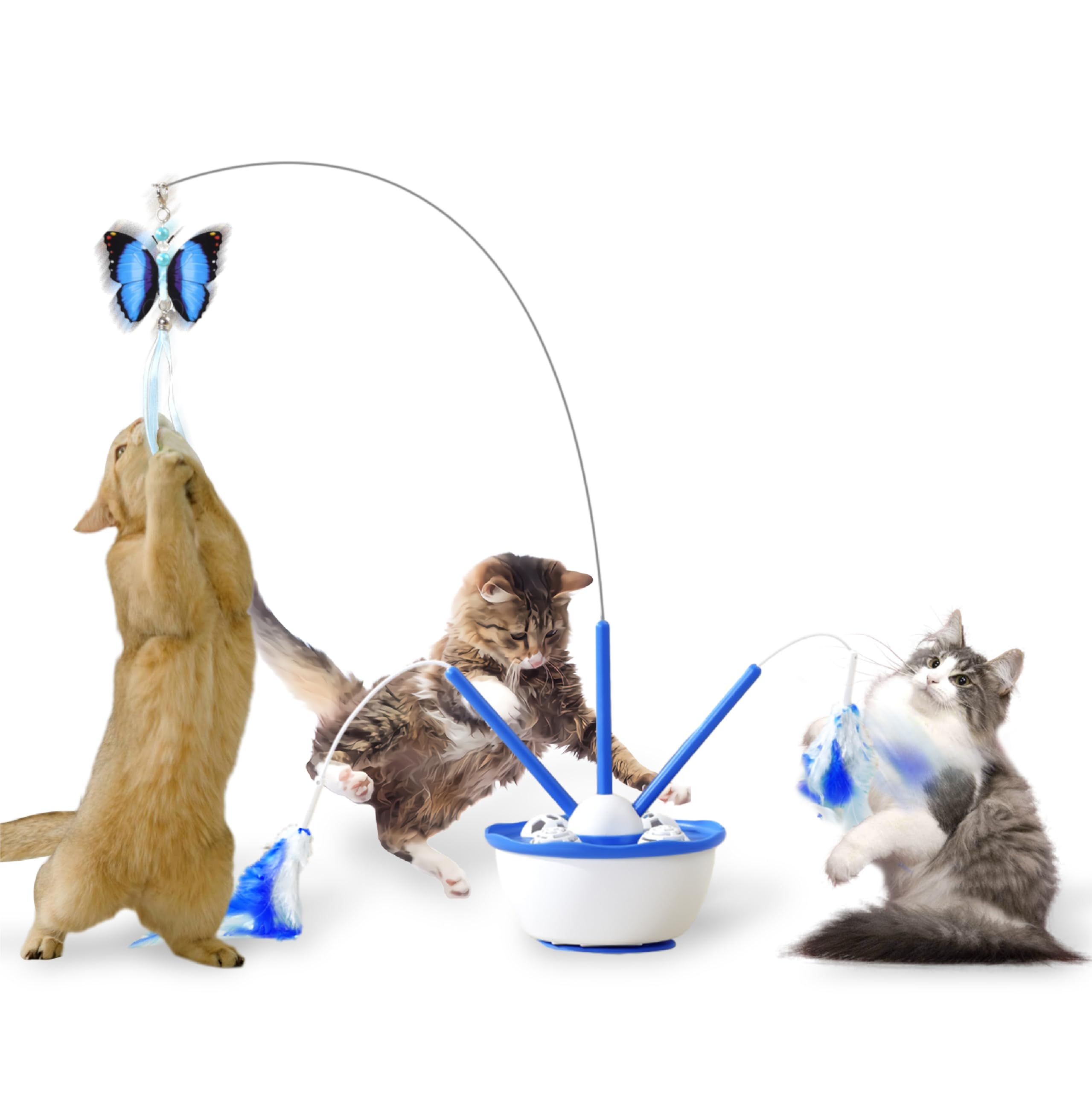 Cat Toys for Bored Indoor Cats Automatic Cat Feather Toy Long Fluttering Butterfly Cat Wand 4 Bell Balls Interactive Kitten Toy (Blue)