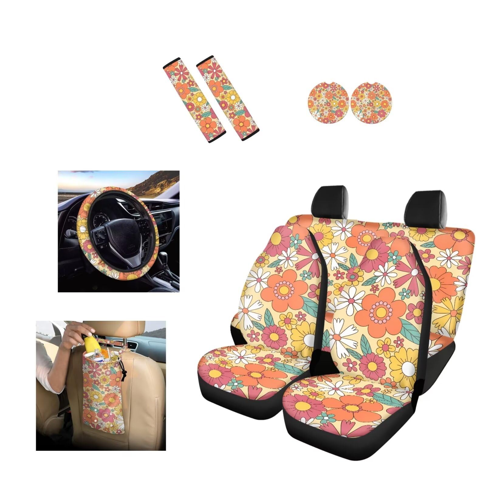 Ensemble complet de housses de siège et de volant de voiture pour femme avec coussins de ceinture moelleux, motif floral hippie années 70