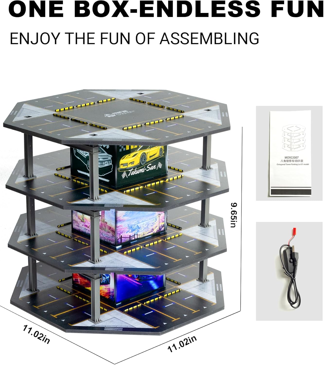 1/64 Scale Display Case Car Garage Moldel, Octagonal Building Style Diecast Car Show Case with LED Diorama for Toy Car Display and Storage Cars 4 Levels 48 Parking