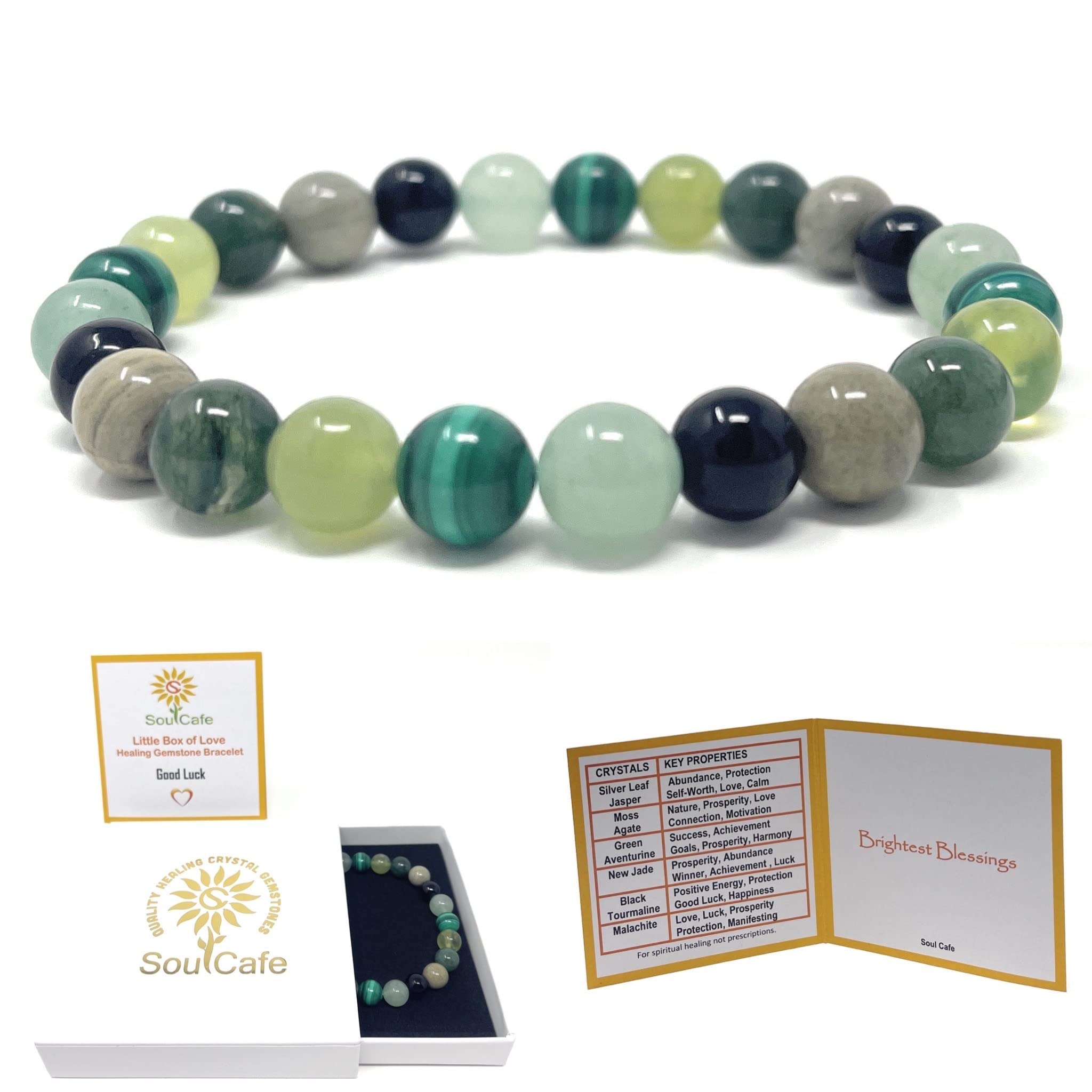 SoulCafeConnectSoulcafe Good Luck Crystal Bead Bracelet – Silver Leaf Jasper, Moss Agate, Green Aventurine, New Jade, Black Tourmaline, Malachite – Gemstone Stretch Bracelet – Lucky Charm - Sizes XS/S/M/L/XL