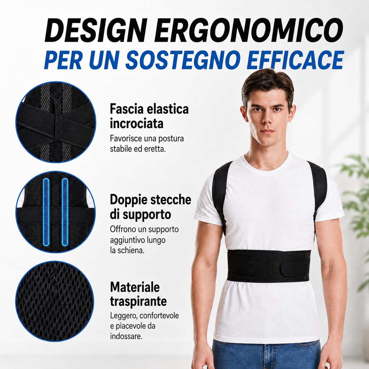 Correttore posturale per uomini e donne, regolabile e confortevole, con forti barre di sostegno, sollievo dal mal di schiena, supporto per collo e spalle