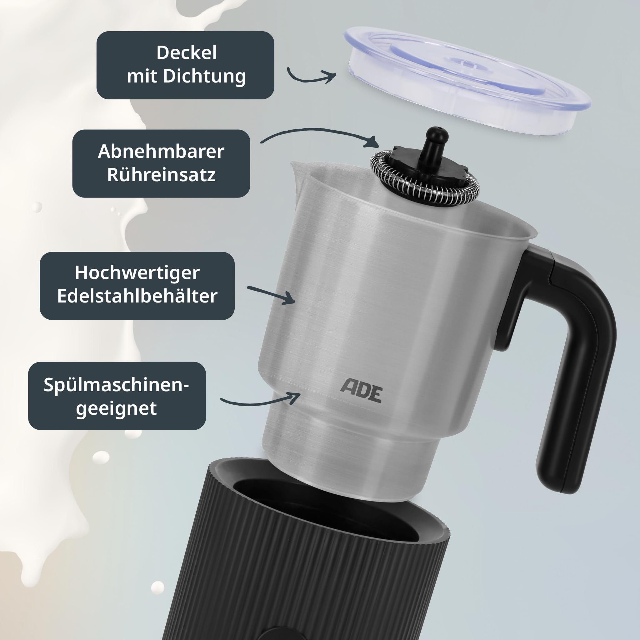 ADE Elektrischer Milchschäumer 4in1 | für heißen & kalten Milchschaum | Milchwärmer | für 1-2 Tassen | für Cappuccino, Latte Macchiato, Eiskaffee, Kakao | 300 ml | 500 W