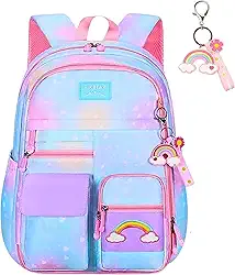 Mochila Escolar Infantil Kawaii Meninas Ensino Fundamental com Compartimentos Femininas Casuais Arco-íris Daypack