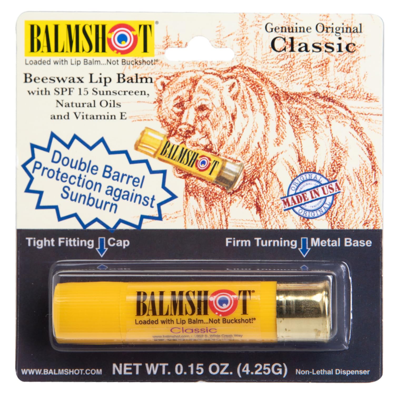 BALMSHOT Classic Natural Lip Balm SPF 15 Beeswax Chapstick with Natural Oils Vitamin E 20-Gauge Shotgun Shell Brass
