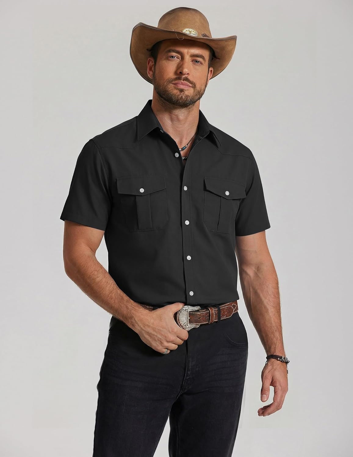 COOFANDY Men Short Sleeve Button Down Shirts Casual Work Shirts for Mens Plaid Shirt Western Cowboy - Image 4