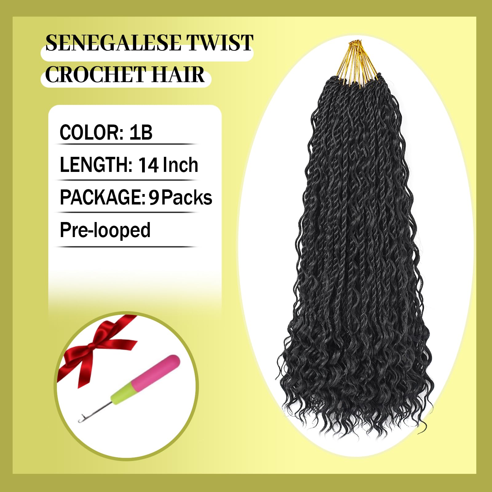 Pelo senegalés de ganchillo de 14 pulgadas con extremos rizados, trenzas de ganchillo bohemias, trenzas de ganchillo pretrenzadas para mujeres negras, extensiones de cabello trenzado negro natural (9