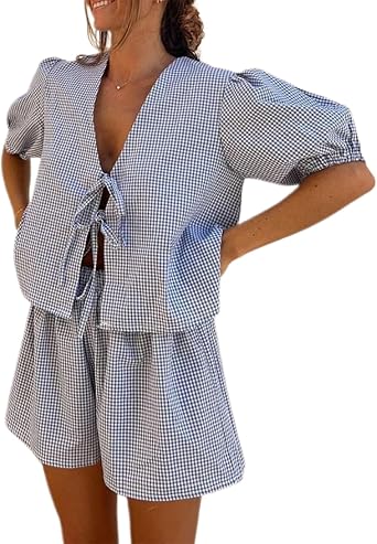 Geagodelia للسيدات 2 قطعة ملابس الصيف السيدات Co Ord Set Peplum Tie Front Blouse Babydoll Top + شورت Y2k ملابس جمالية صالة ملابس