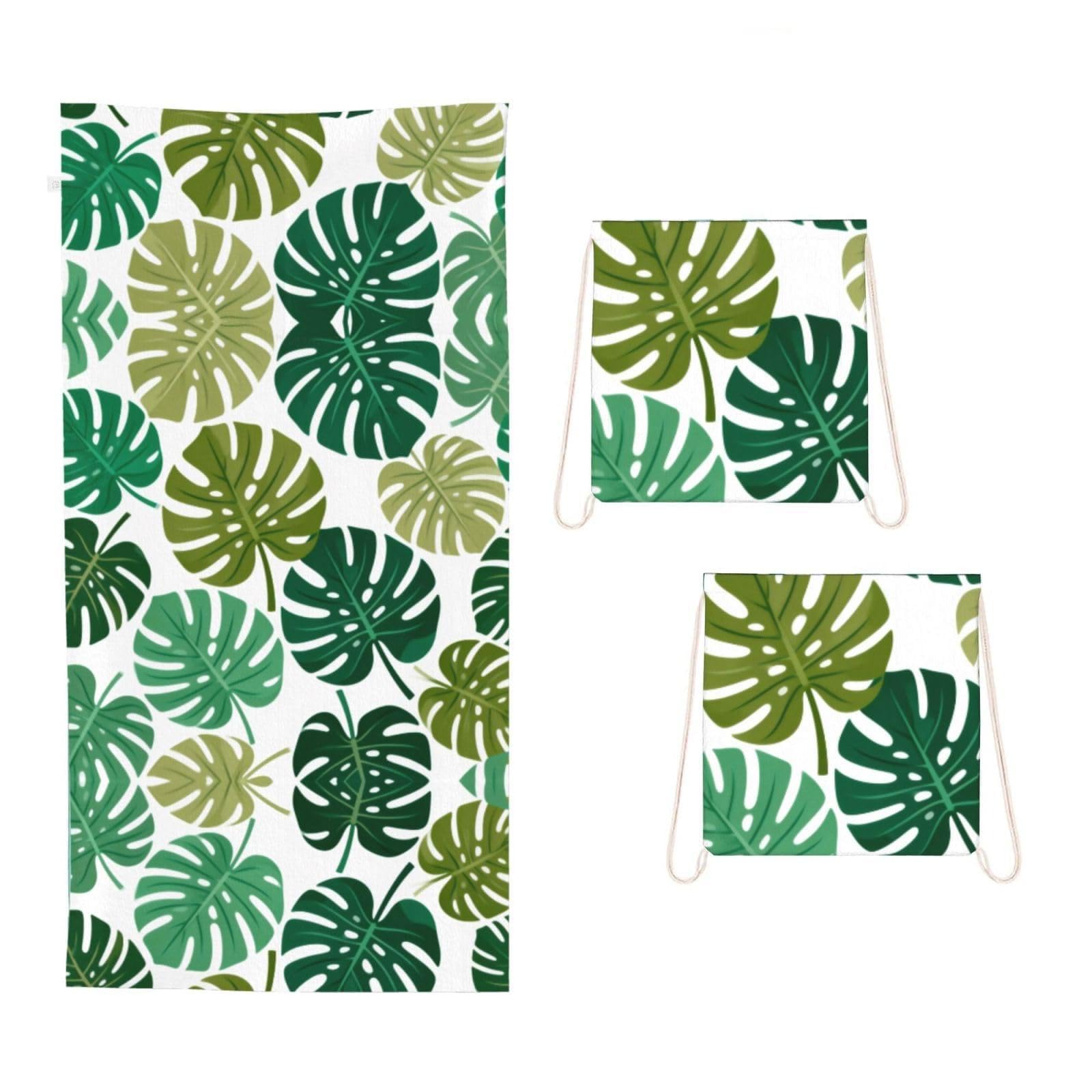 CNTDBU Tropical leaves 2 in 1 Packable Towel Bag-Large Beach Towel with Stuff Sack, Super Absorbent Microfiber Travel Towel for Pool