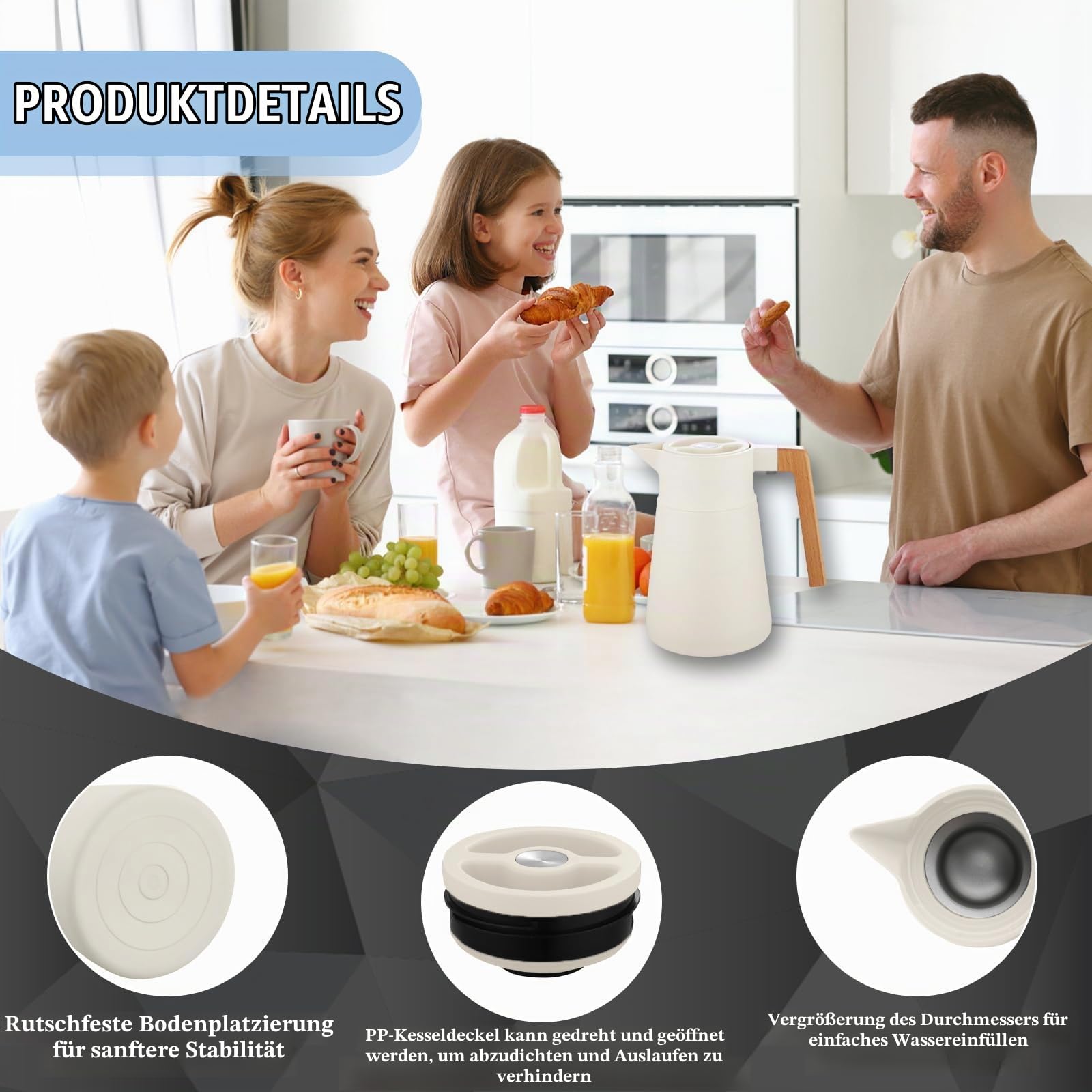 Thermoskanne Kaffeekannen Edelstahl 18/10, Vakuum Isolations, Mit Holzgriff, Thermosflasche Für Heißen Und Kalten Tee Kaffee, Isolierkanne, Für Home Office Hotel (Beige,2L)