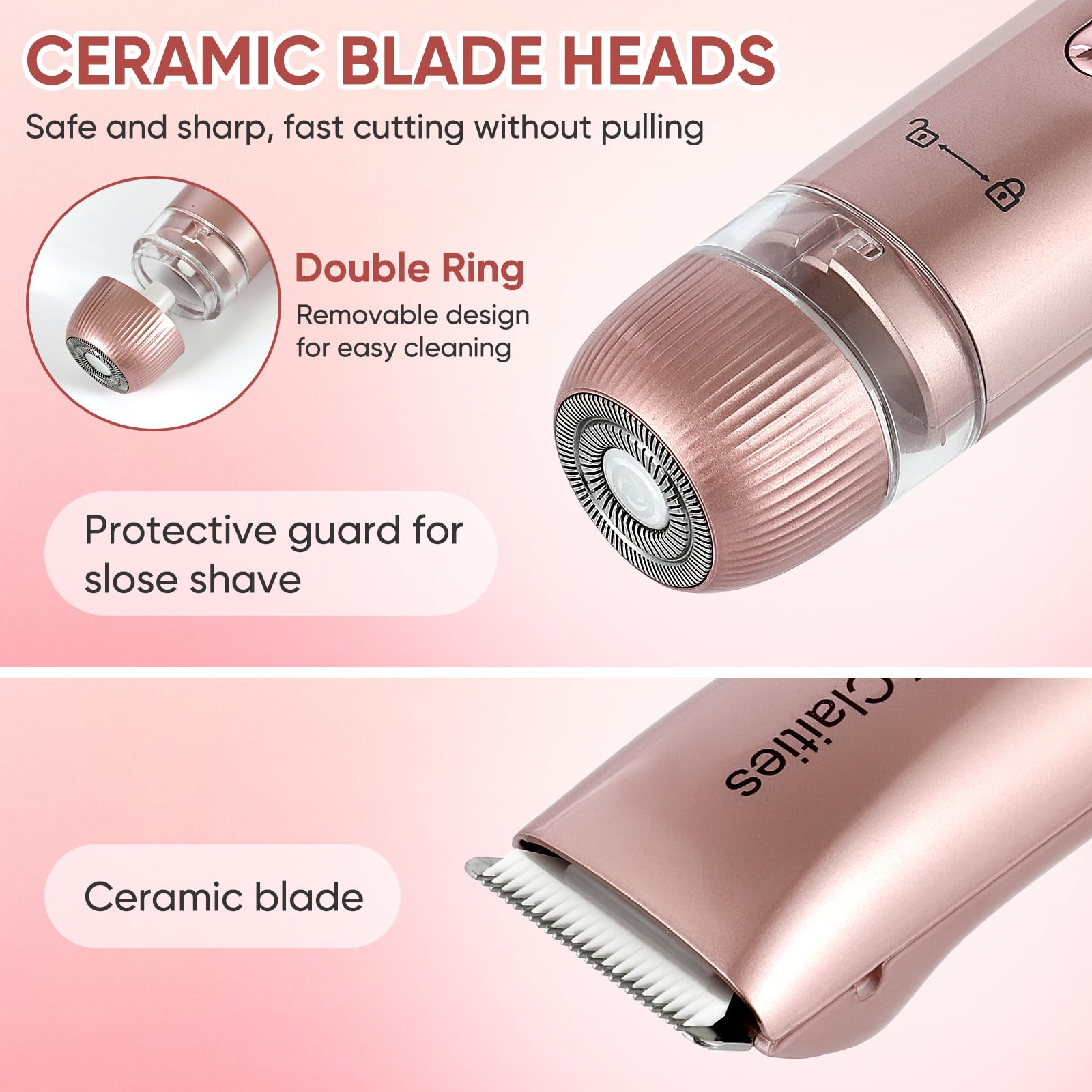 Rasoir électrique 2 en 1 pour femme à double tête IPX7 étanche pour utilisation humide et sèche - Tondeuse pour poils du corps et du visage - Pour bikini, aisselles, jambes, bras, corps et visage