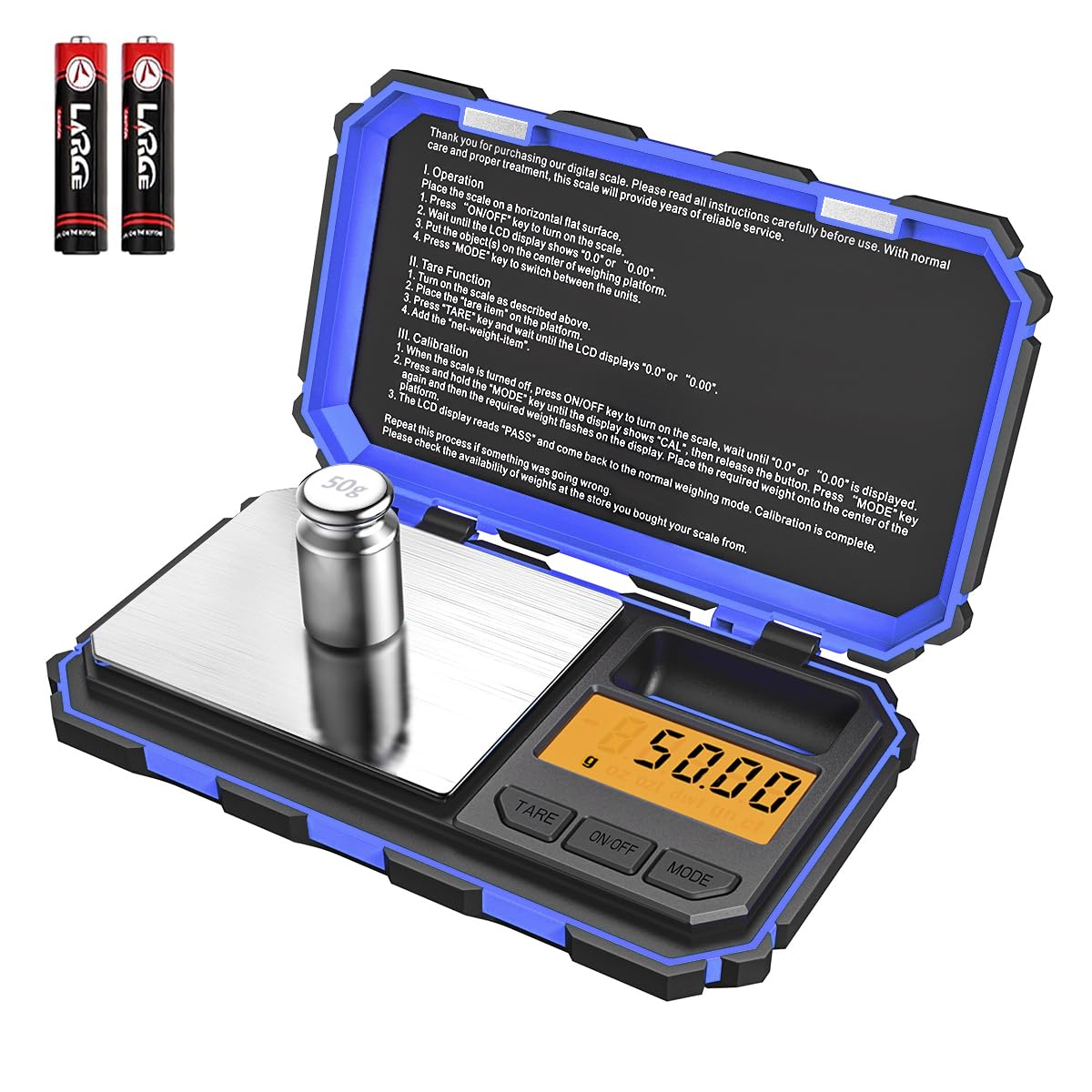 Brifit Feinwaage 0,01g, 200 x 0.01g Taschenwaage Digitalwaage mit EIN 50g Edelstahl Kalibriergewicht, Grammwaage, Münzwaage, Goldwaage mit Tara-Funktion, 6 Einheiten Konvertierung (Blau)