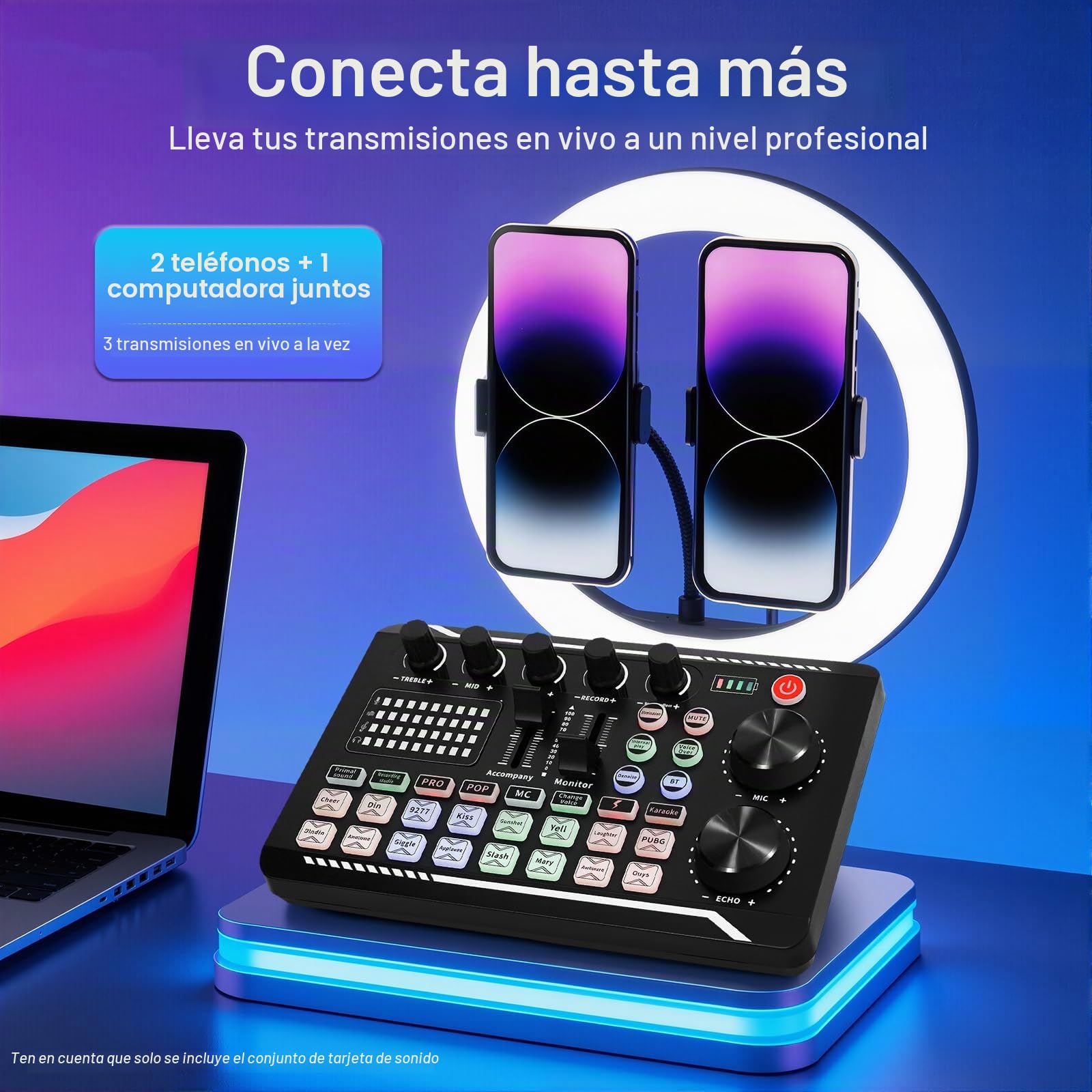 F998 - Mezclador de audio profesional, tarjeta de sonido en vivo e interfaz de audio con efectos mezcladores de DJ y cambiador de voz, con lámpara LED DJ, para streaming en vivo, PC, estudio de