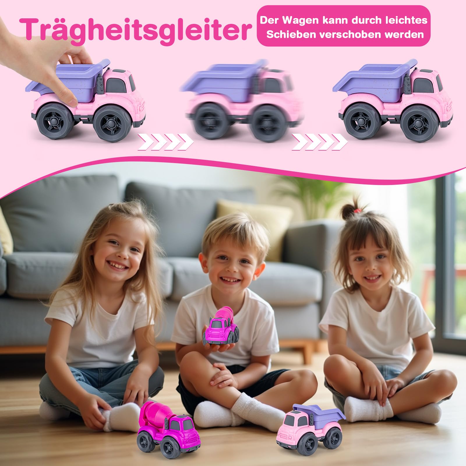 Giochi Bambini 1-3 Anni | Camion Costruzione (Betoniere + Autocarro) – Giocattolo Ecologico in Paglia Naturale e Plastica Riciclata | Ideale per Spiaggia, Giardino e Sabbia | Facile da Lavare （Rosa）