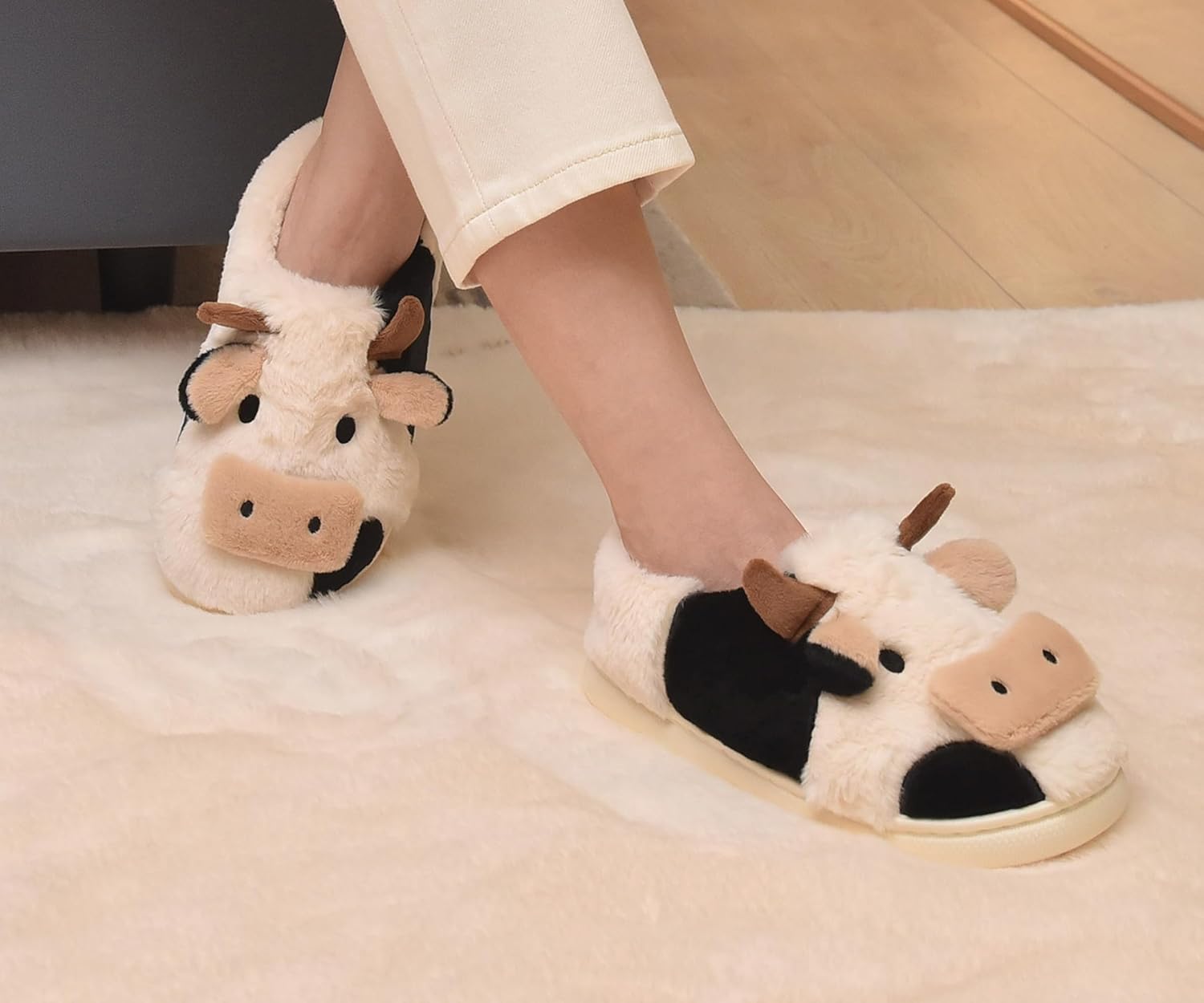 Fuzzy Cow Slippers for Women Men Adults, Fluffy Plush and Cozy Cotton House Slippers for Indoor Outdoor Bedroom, Warm Furry Cow Print Slipper for Winter Spring Fall - Image 2