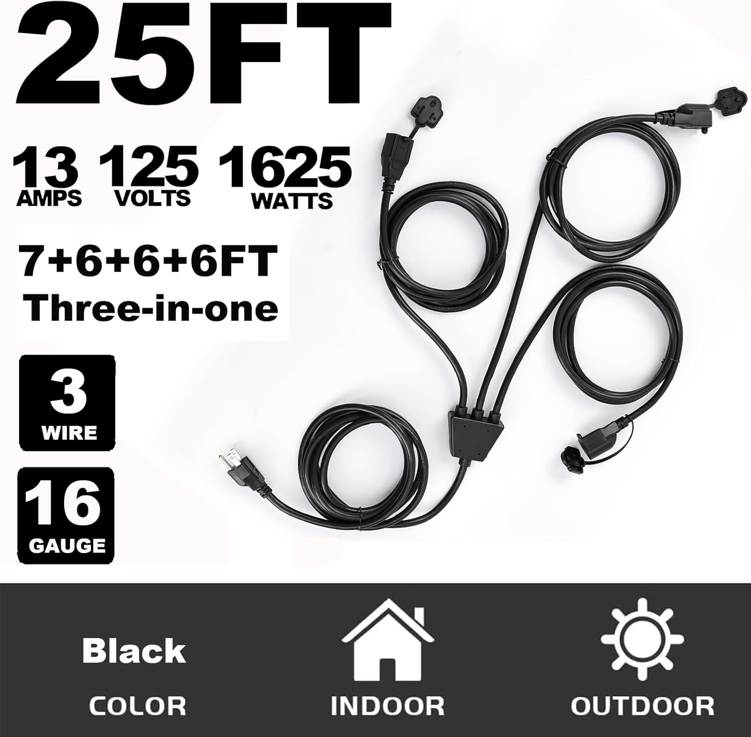 Outdoor Extension Cord 1 to 3 Splitter for Outdoor Lights, 3 Prong Outlets Plugs, Max 13ft End to End (25 FT Total),16AWG 1625W 13A SJTW Weatherproof (Black)