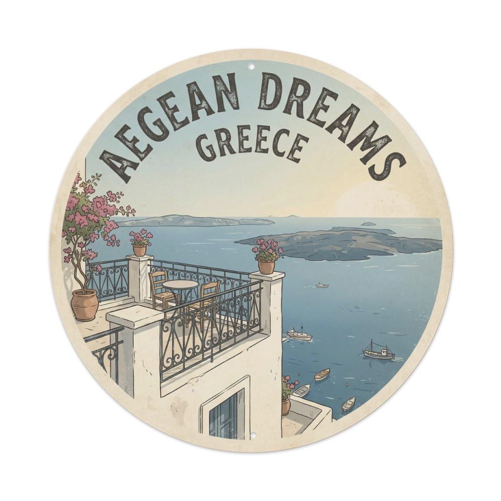 Okahys 8X8inch(20X20cm) Vintage Travel Balcony View Greece Clifftop Outlook Metal Tin Sign