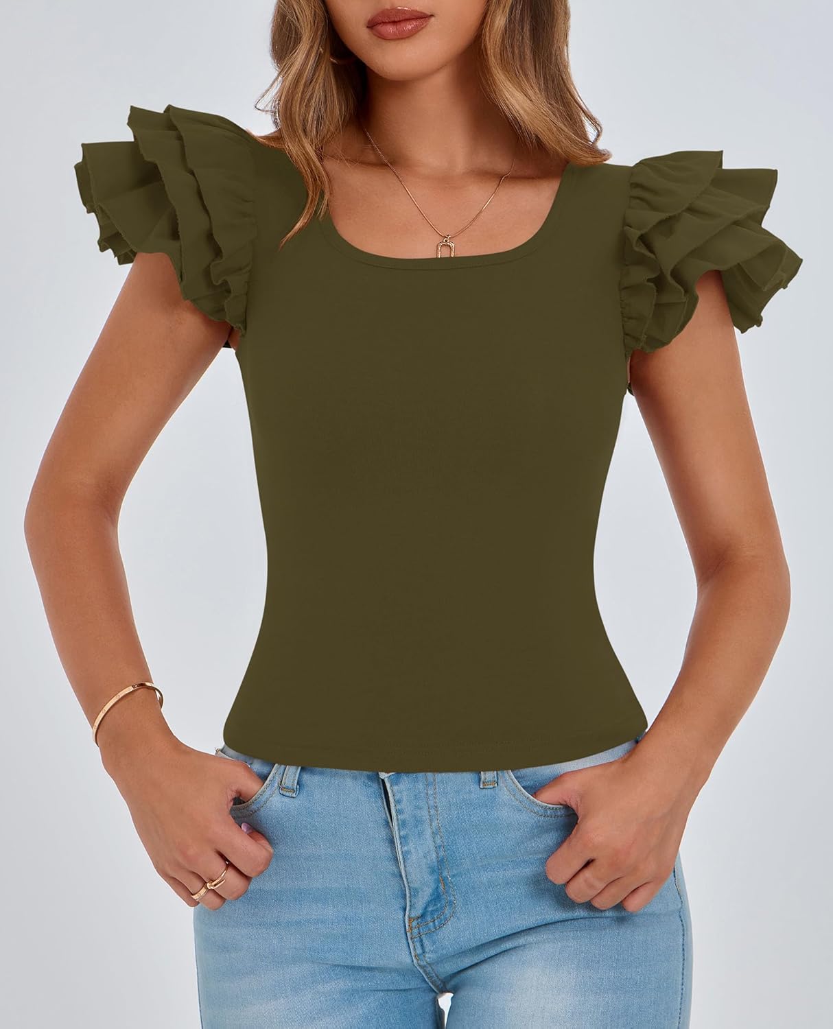 PRETTYGARDEN Women's Ruffle Short Sleeve Shirts 2026 Summer Casual Basic Tee Cute Fitted Crew Neck Fashion Tops Clothes - Image 8