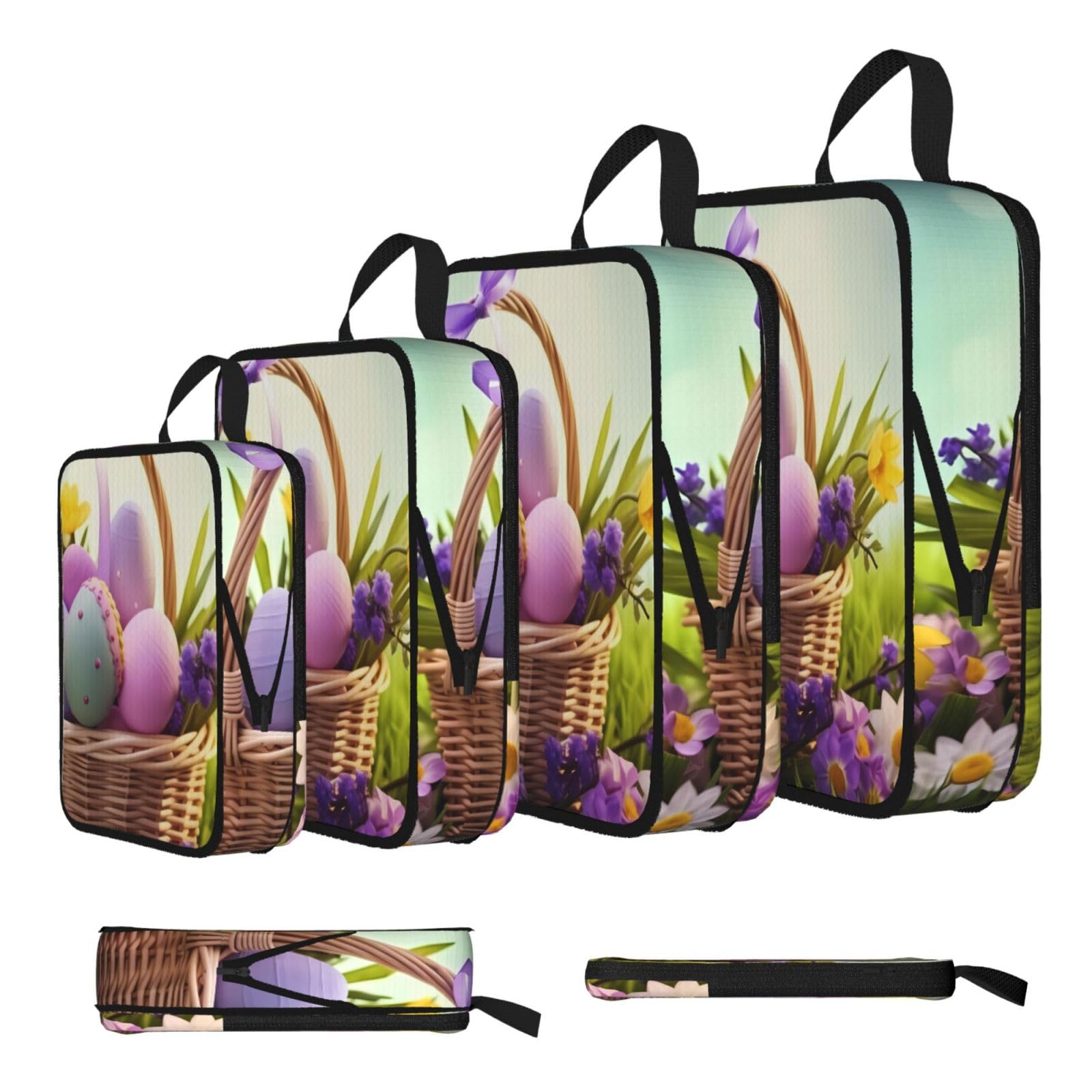 Ezdlowvba Black Eggs Print Compression Packing Cubes 4-Piece Set With Multi- Compartment Travel Bag, Waterproof Suitcase Organiser Bags