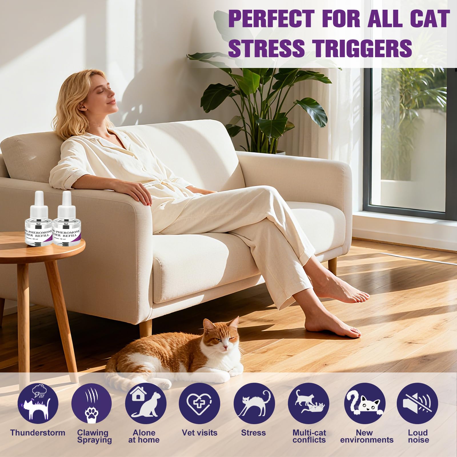 Difusor de Feromonas Calmantes para Gatos, 1 Difusor + 2 Recargas (48ml Cada una), 60 Días de Efecto Duradero, Sin Fármacos y Sin Olor, Alivia Ansiedad, Reduce Peleas, Detiene Orinar y Rascar (1)