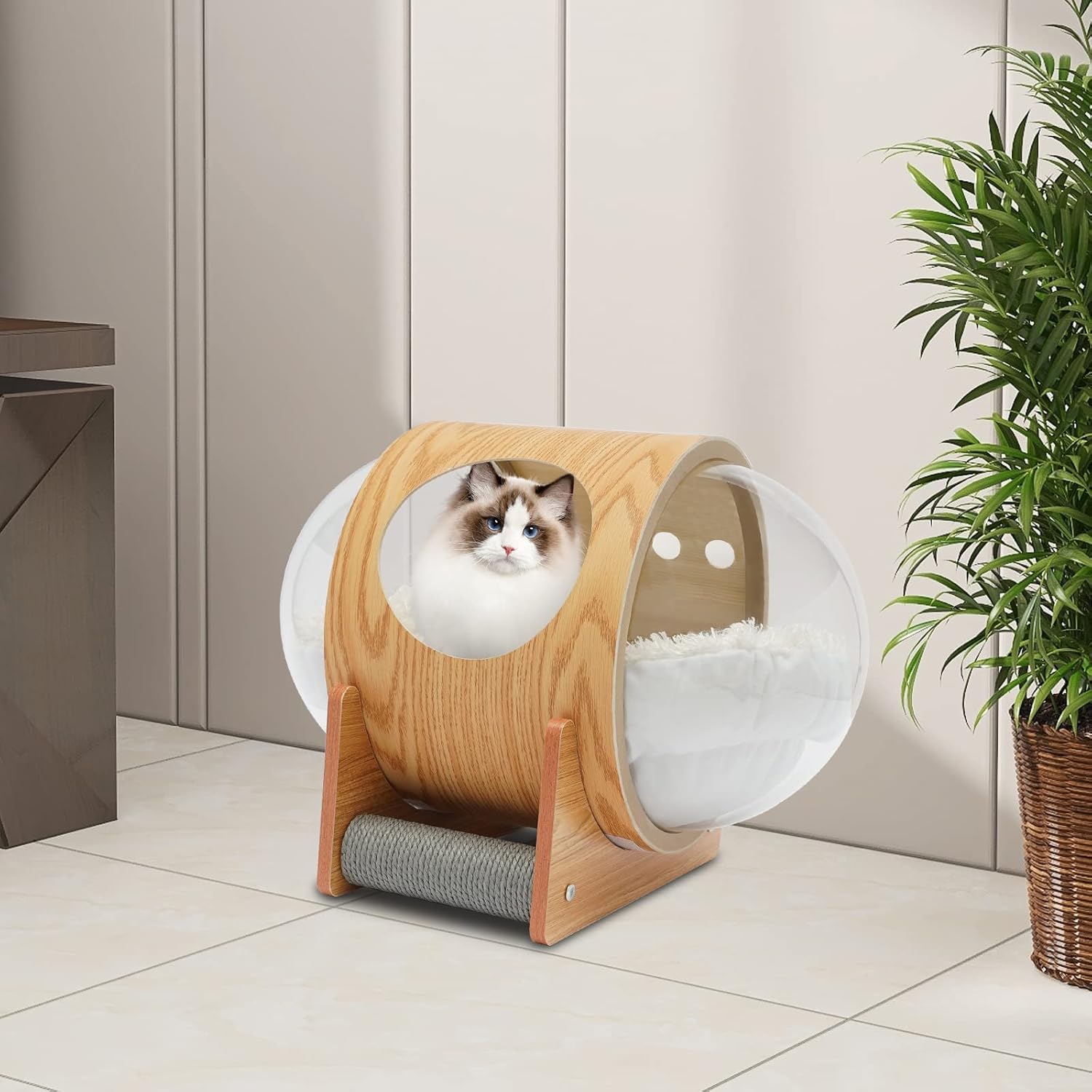 review Cat Bed Capsule, Wooden Cat Condo Pet Bed, Modern Cat Spaceship, Space Capsule Shaped Pet Bed House Spaceship, 25.6 * 18.9 inch, with Cushion, 2*Claw Sharpening Sticks