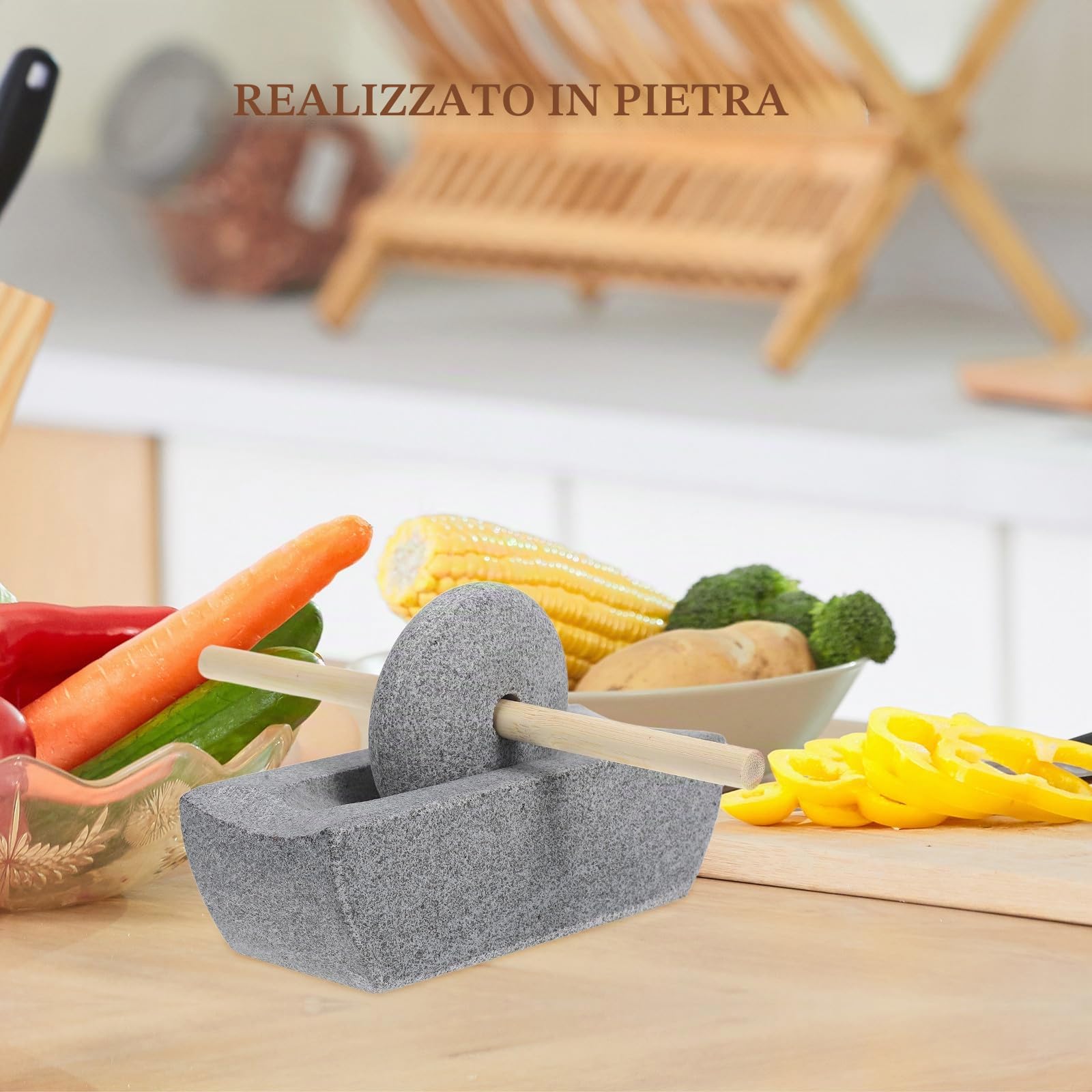 Toyvian Mulino Manuale Pestello Rullo Autentico per Cucina in Pietra e Legno per Spezie e Medicina, per Uso Domestico e Tradizionale