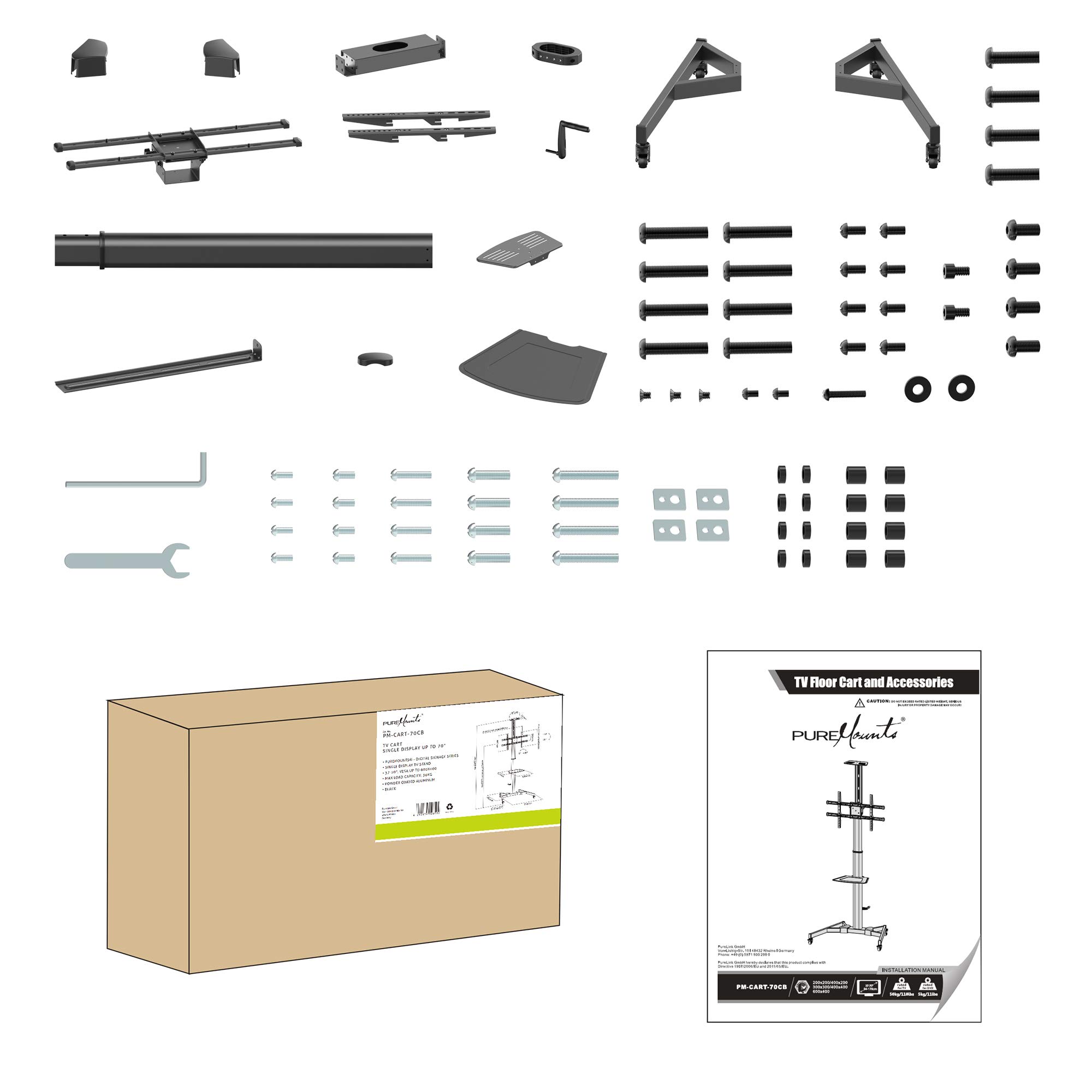 PureMounts TV Standfuß rollbar 37–70 Zoll VESA 600x400 höhenverstellbar | Standfuß mit Kameraablage, Ablageboden, Kabelmanagement, Rollen und neigbarer Halterung für flexible TV-Montage.