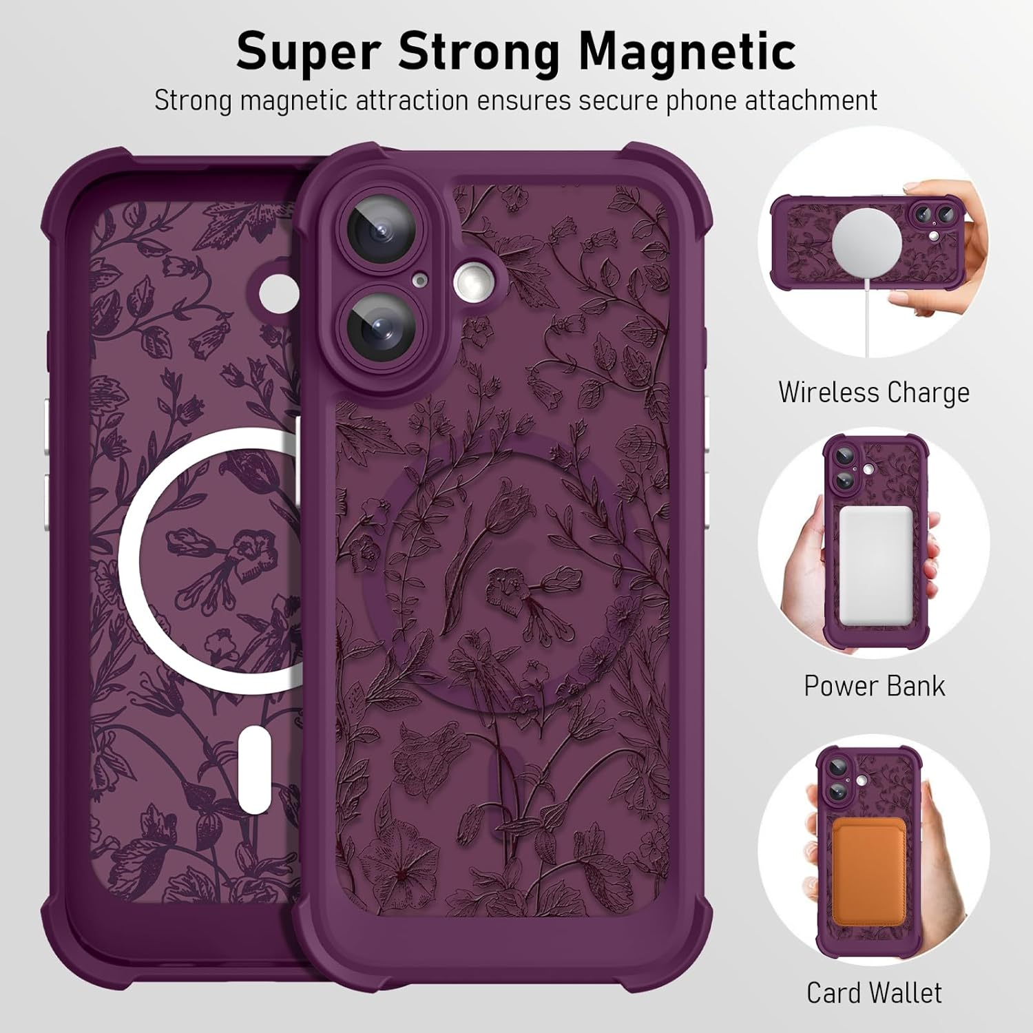 AIGOMARA Magnetic Floral for iPhone 17 Case, Fit for Magsafe, Screen Protector, Cute Sage Flower Matte Translucent 4 Airbag Corners Camera Protection Phone Cover for Women Girls, Wine Red