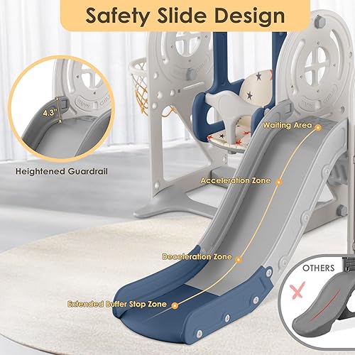 Miniatura 4 de BIERUM Tobogán para niños pequeños de 1 a 3 años con aro de baloncesto y columpio, tobogán de bebé para niños, regalo ideal para interiores y