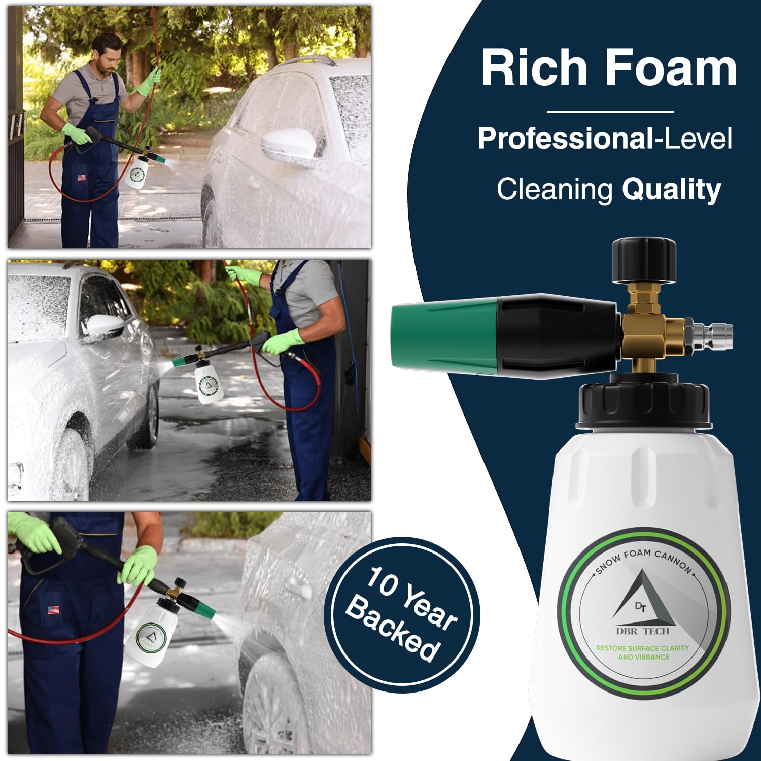 Cannone in schiuma per idropulitrice, 1,1 mm Orifice, 1000-4000 PSI, connettore rapido da 1/4 di pollice, collo largo e spray regolabile, resistente per schiuma e pulizia profonda, verde