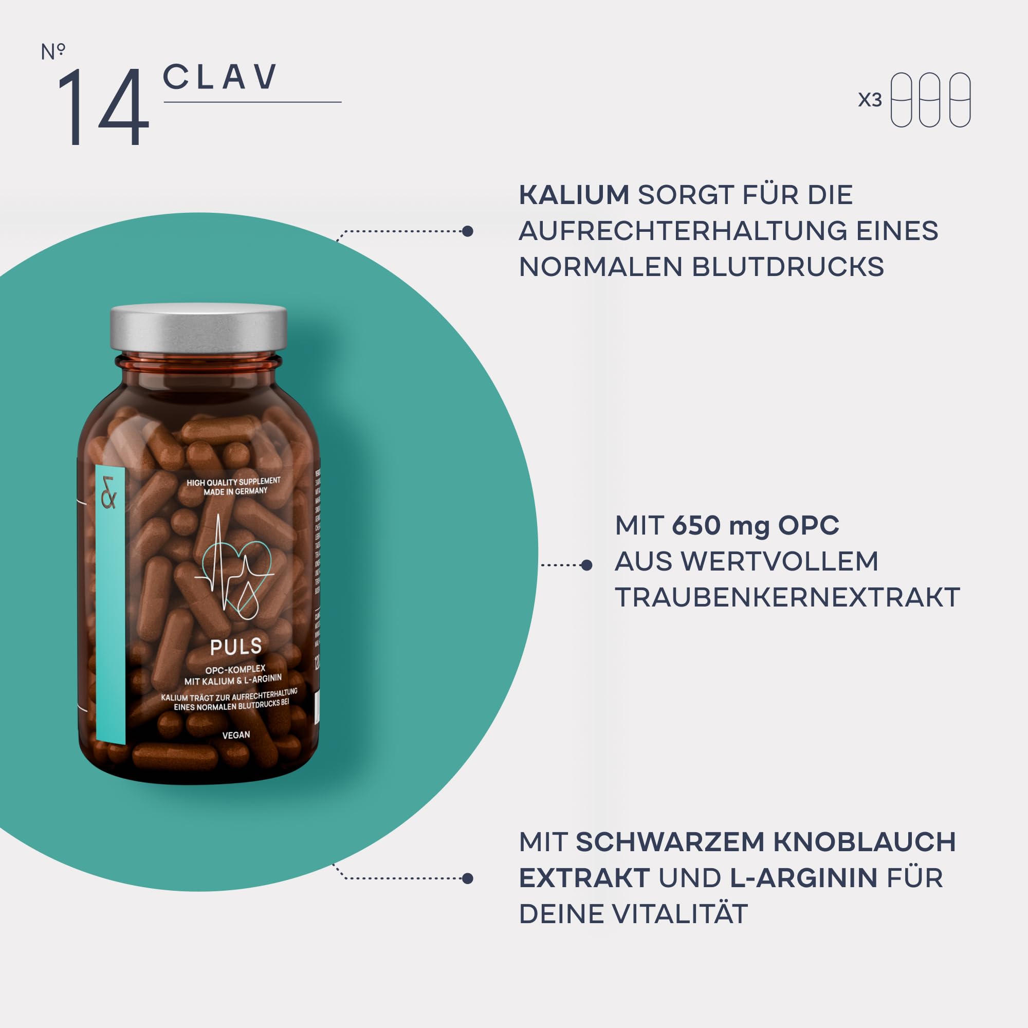 N°14 Puls - OPC Traubenkernextrakt mit 650mg OPC hochdosiert je Tagesdosis, L Arginin, Schwarzer Knoblauch & Kalium für den Blutdruck - 120 Kapseln - Vegan