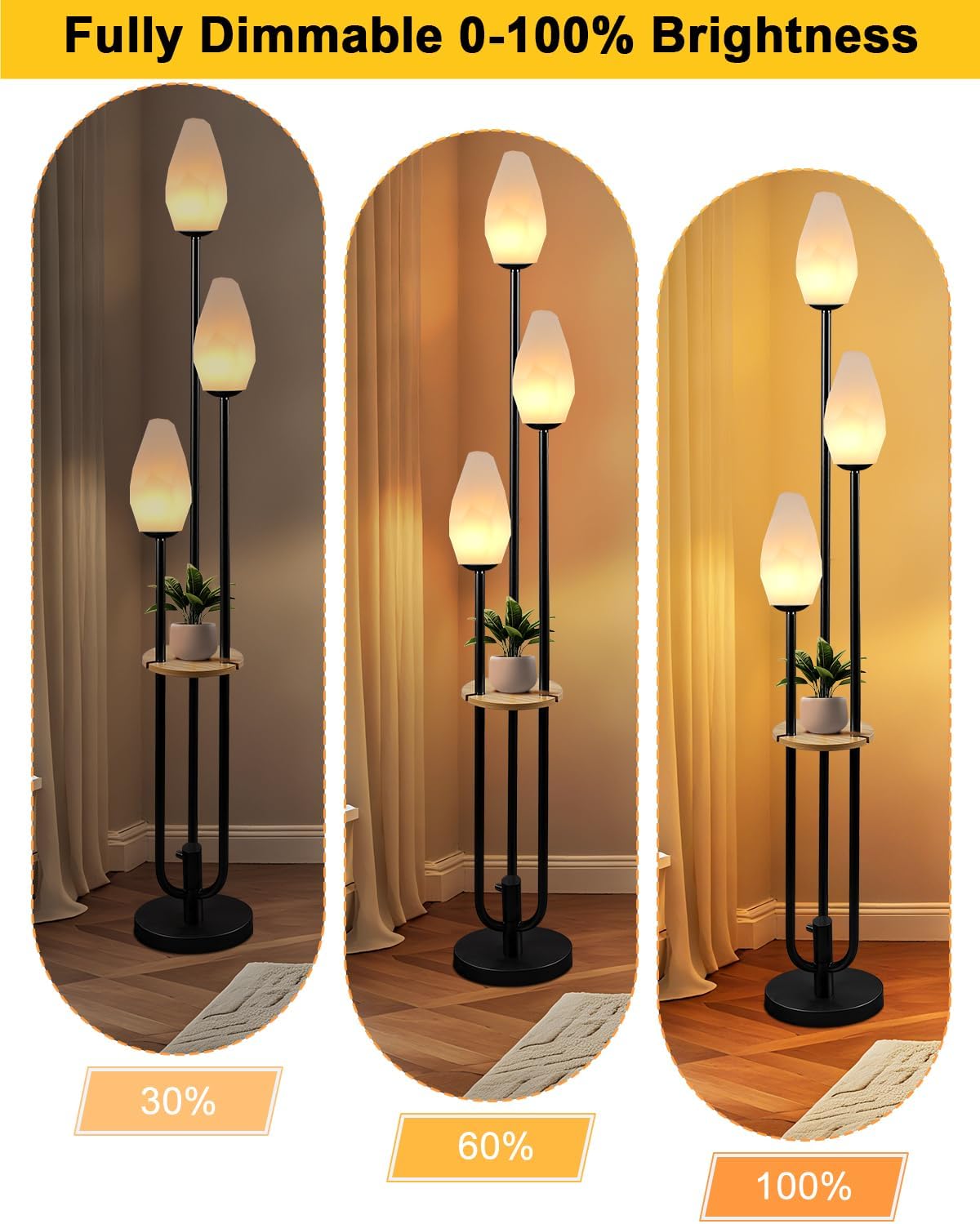 Black Floor Lamp with Tray, 3-Lights Dimmable Floor Lamps with Rock-Shaped Shade, Unique Candle Holder Style Modern Tall Standing Lamp for Living Room/Party(Bulbs Included)