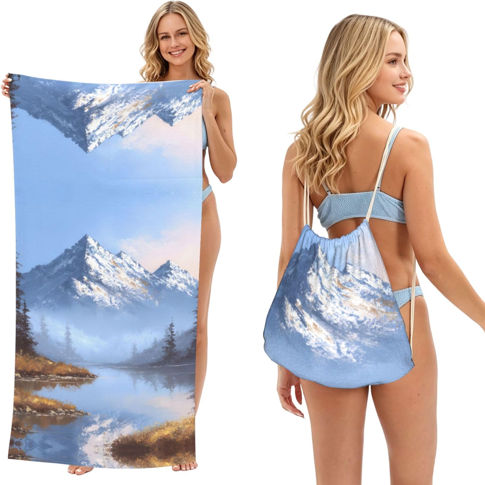 ESNAIUVCD Lake And Snow Mountain Print Beach Towel For Adults,Towel With Drawstring Bag, Travel Pool Swimming Sports Shower Sand Free Quick Dry Bath Towel For Pool, Beach, Yoga- 180x60cm