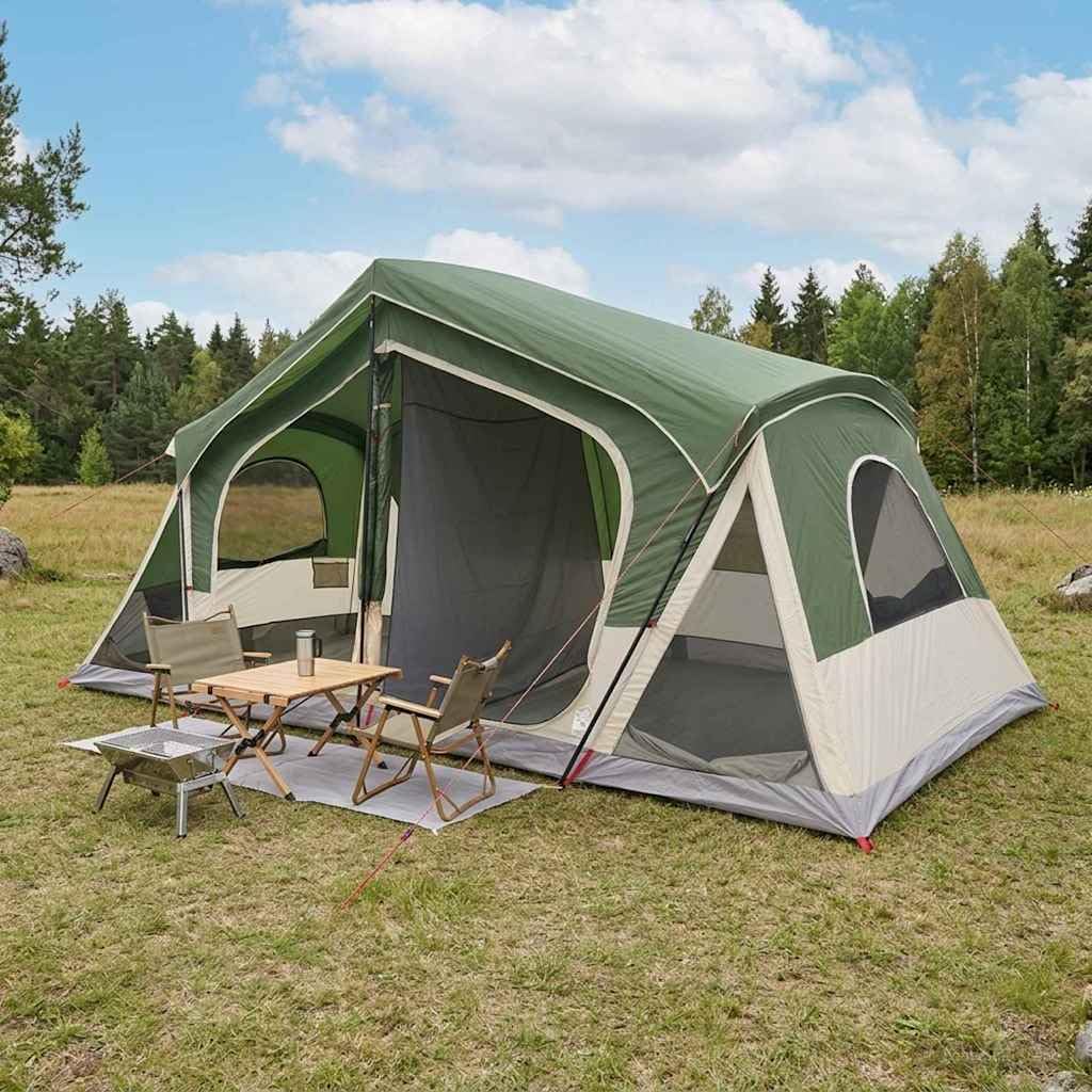 Namiot do domków letniskowych, zielony, 480 x 273 x 205 cm, z poliestru i stali, namiot kabinowy na kemping, odporny na warunki atmosferyczne, z otworem na powietrze i zamkiem błyskawicznym