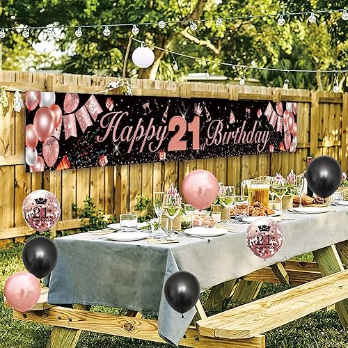 Miniatura 6 de Decoraciones de cumpleaños número 21 para ella, suministros de fiesta de oro rosa para mujeres, pancarta feliz con globos, decoración de telón de