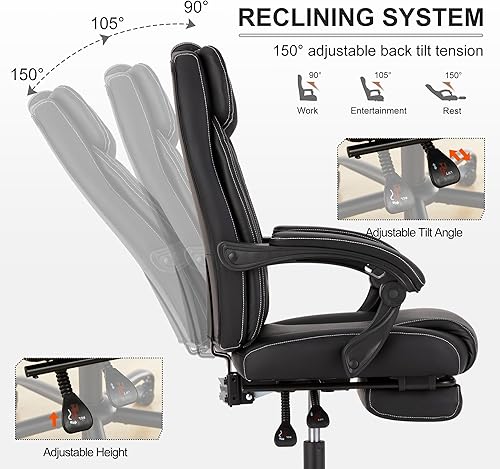 Miniatura 4 de Silla de oficina reclinable con reposapiés, silla ergonómica de escritorio de oficina en casa con soporte lumbar, silla de cuero ejecutivo grueso