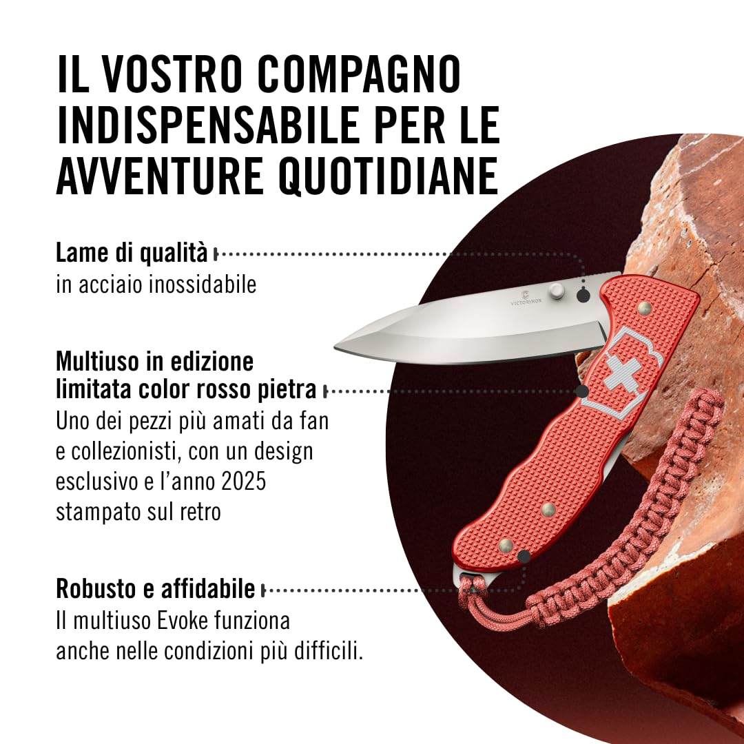 Victorinox Multiuso Evoke Alox Limited Edition 2025, 5 Funzioni, Multiuso Grande, Cordino in Paracord, in Scatola Regalo, Stone Red