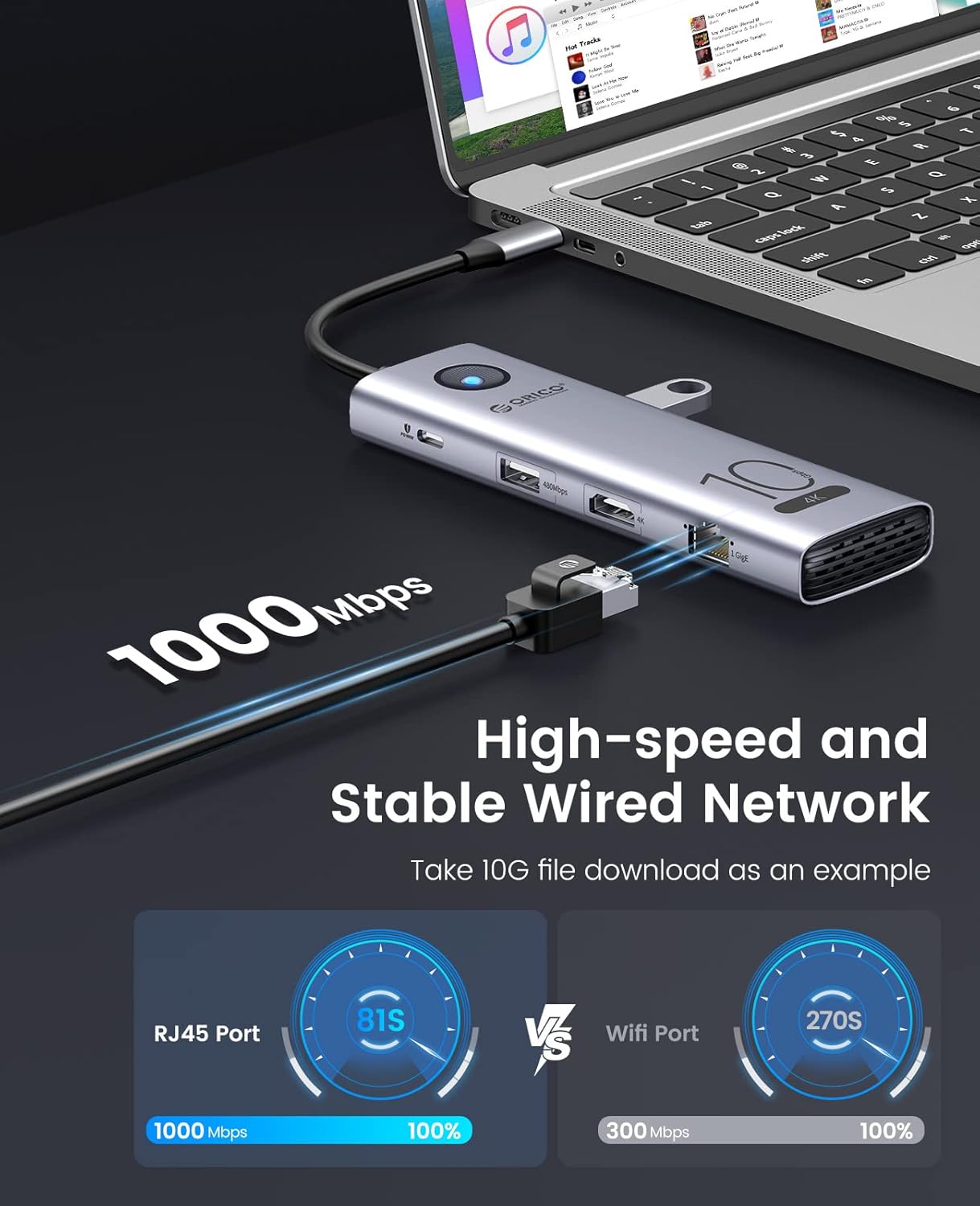 Ethernet cable connected to the docking station for a wired network connection