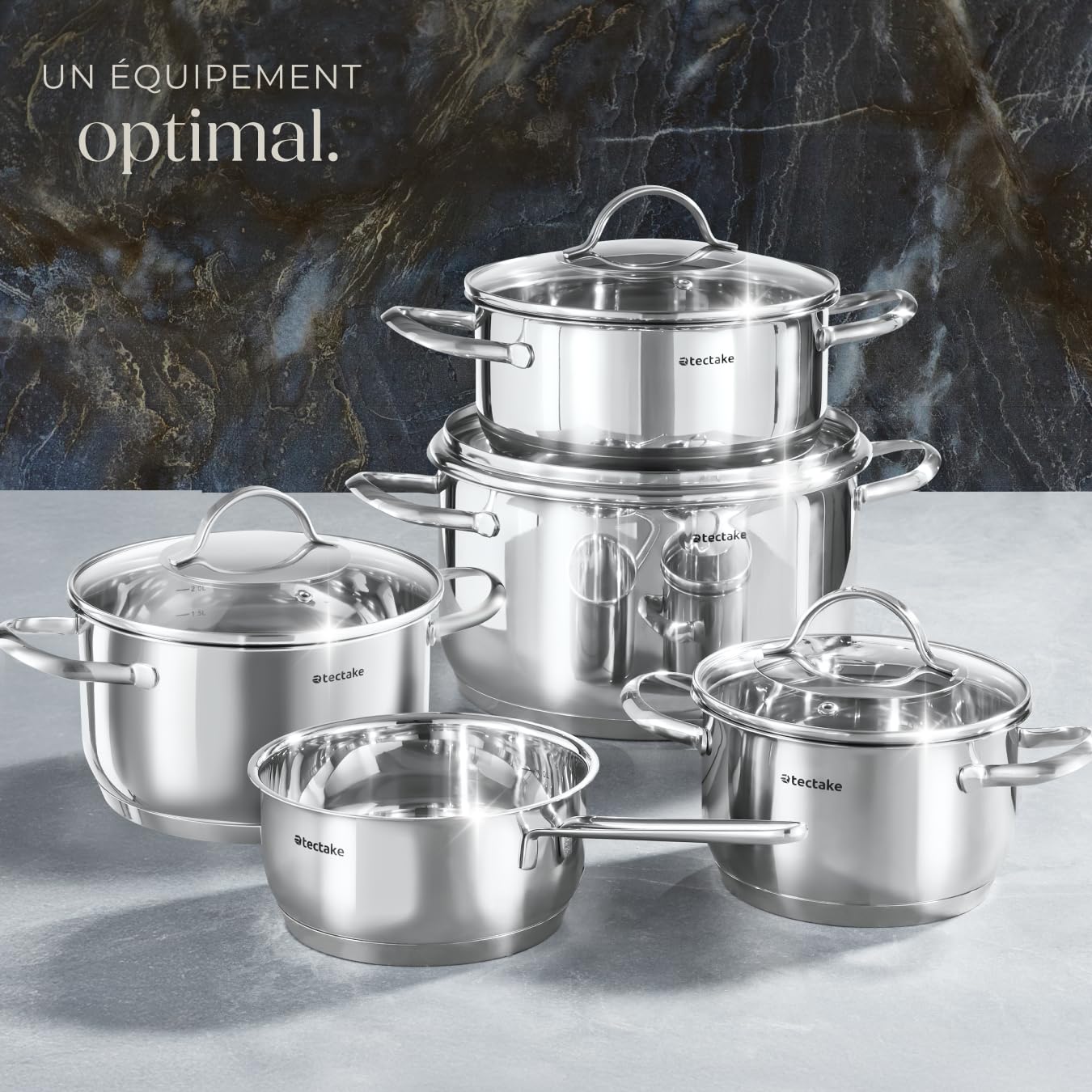 tectake® Set de 5 Casseroles et 4 Couvercle en verre, Batterie de cuisine Casserole inox, 1 Casserole à manche, 4 Casseroles à poignées, Compatible induction, gaz, électrique, vitrocéramique, Cuisine