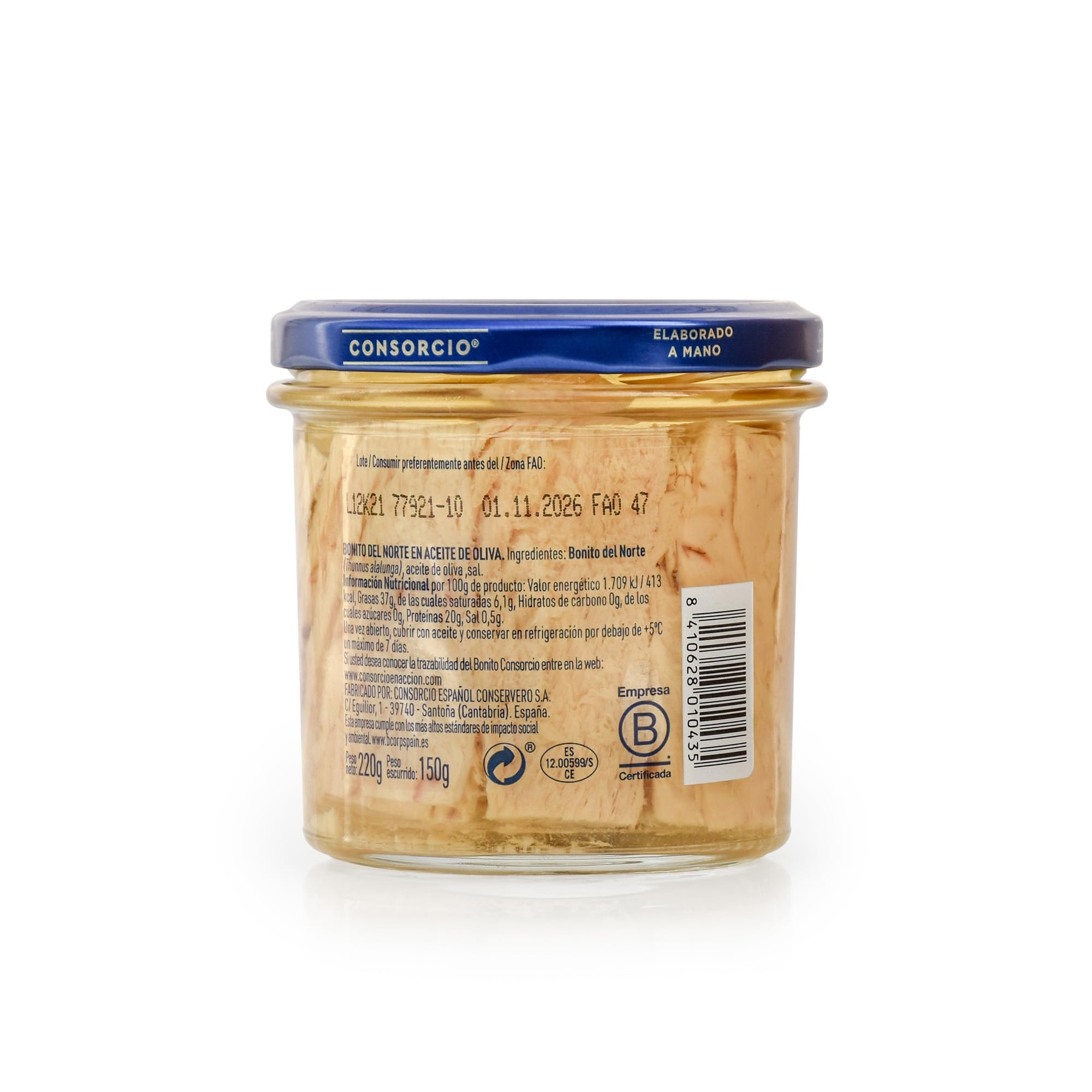 Consorcio - Bonito del Norte en Aceite de Oliva | 12 Tarros de 220gr, Total de 2640 gr | Bonito de Santoña con Aceite de Oliva y Sal en Tarro | 100% Natural (220g-150g)